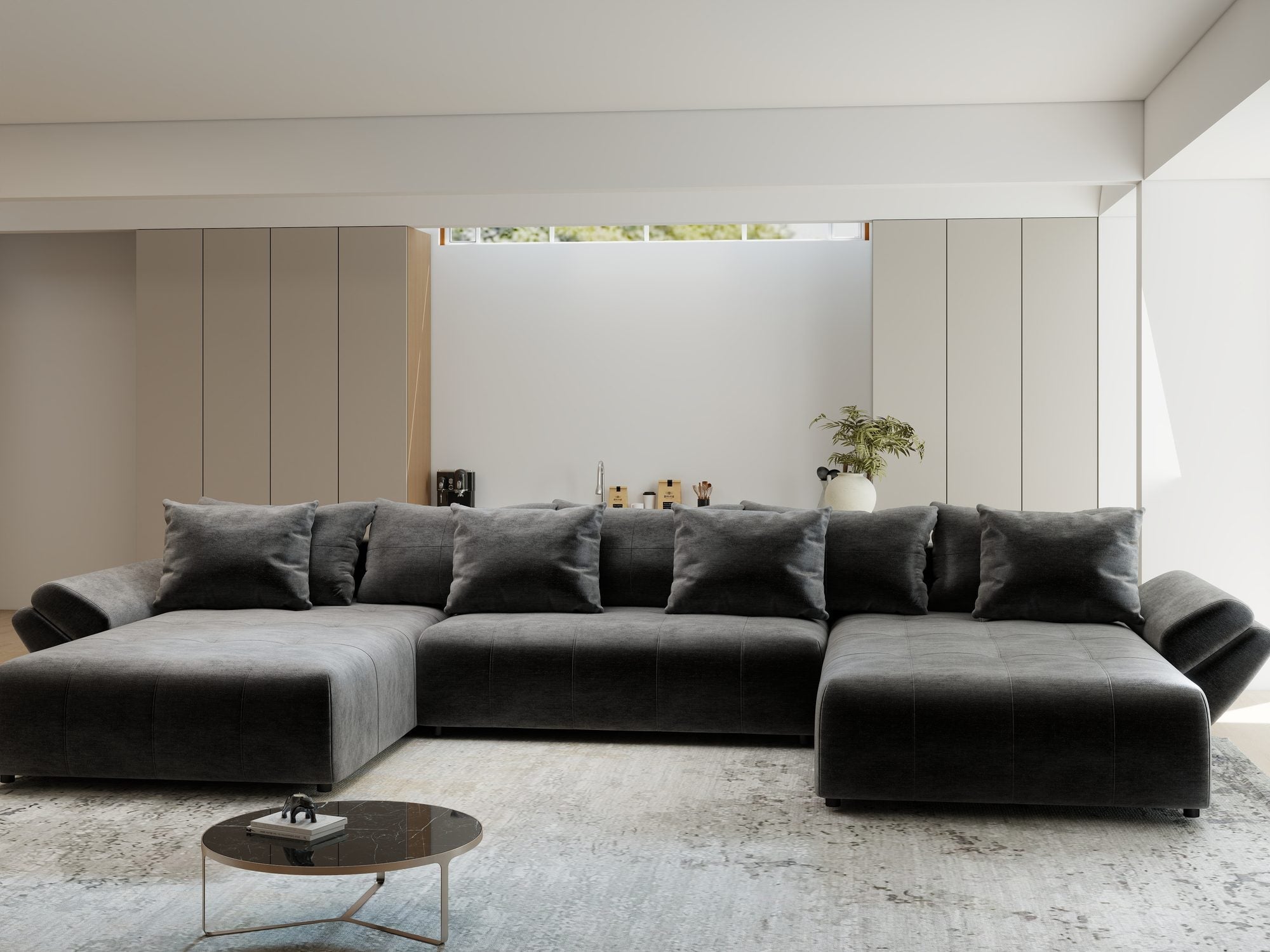 Colțar extensibil dumonde cu ladă de depozitare si sezut confortabil din spuma high-density, Berlin U Monolith Gri Antracit 97 380x180 cm