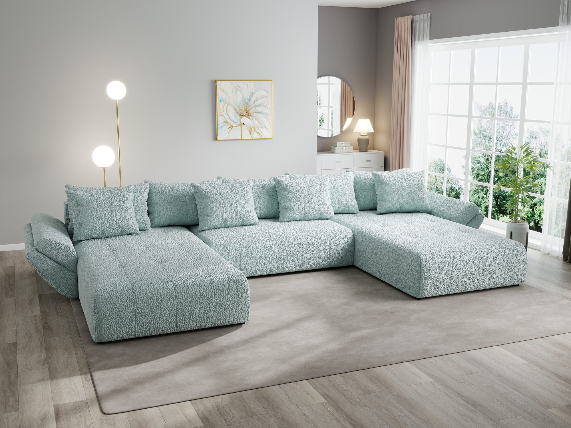 Colțar extensibil dumonde cu ladă de depozitare si sezut confortabil din spuma high-density, Berlin U Jaguar Verde Mint 16 380x180 cm