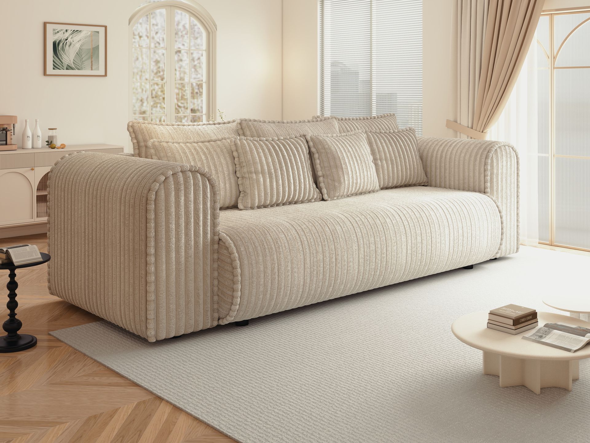 Canapea extensibilă dumonde cu ladă de depozitare si sezut confortabil din spuma high-density, Monaco Mica Tilia Crem 240x100 cm