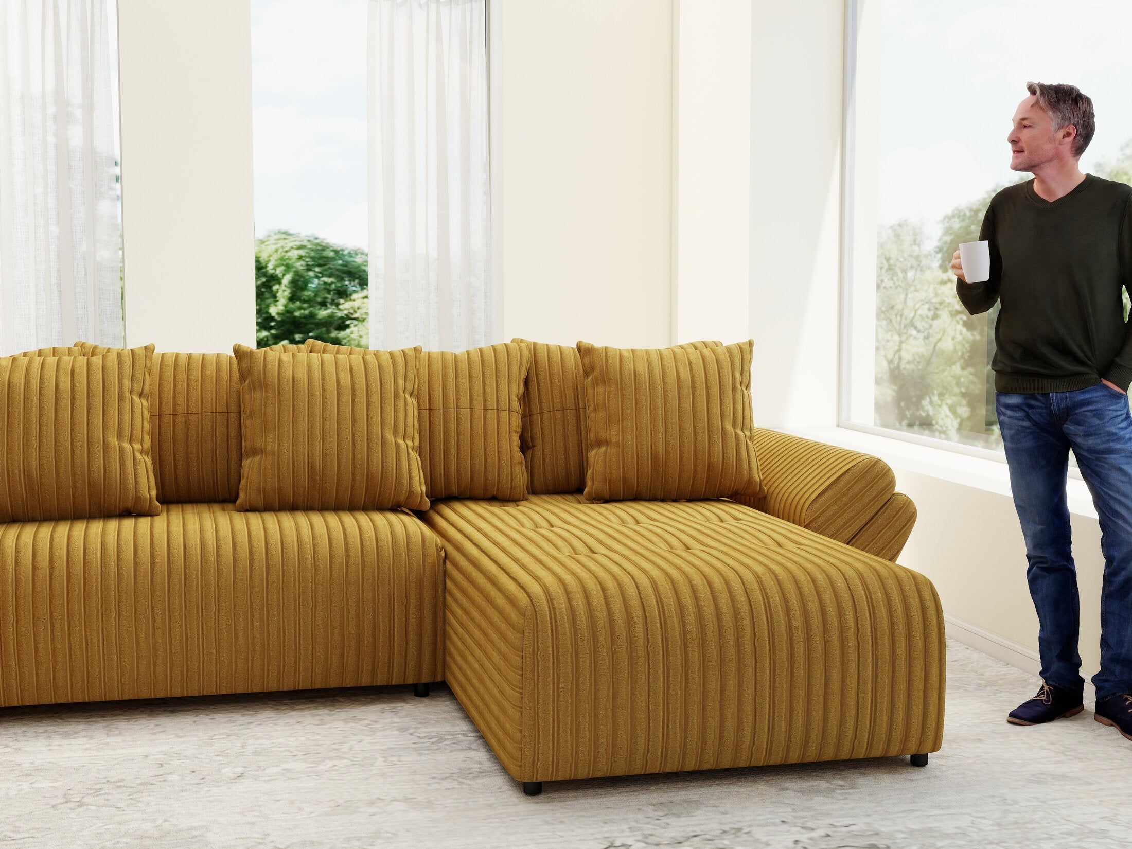 Colțar extensibil dumonde cu ladă de depozitare si sezut confortabil din spuma high-density, Berlin U Ambiance Mustar 400x185 cm