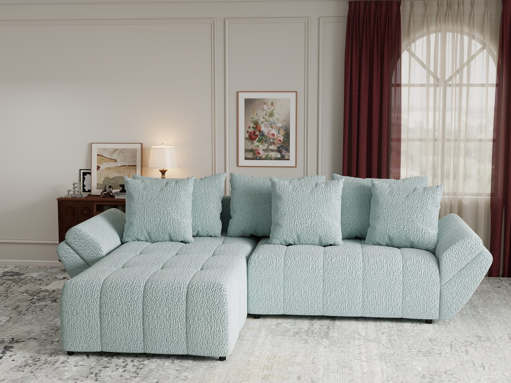Colțar extensibil dumonde cu ladă de depozitare si sezut confortabil din spuma high-density, Berlin Jaguar Verde Mint 16 280x185 cm
