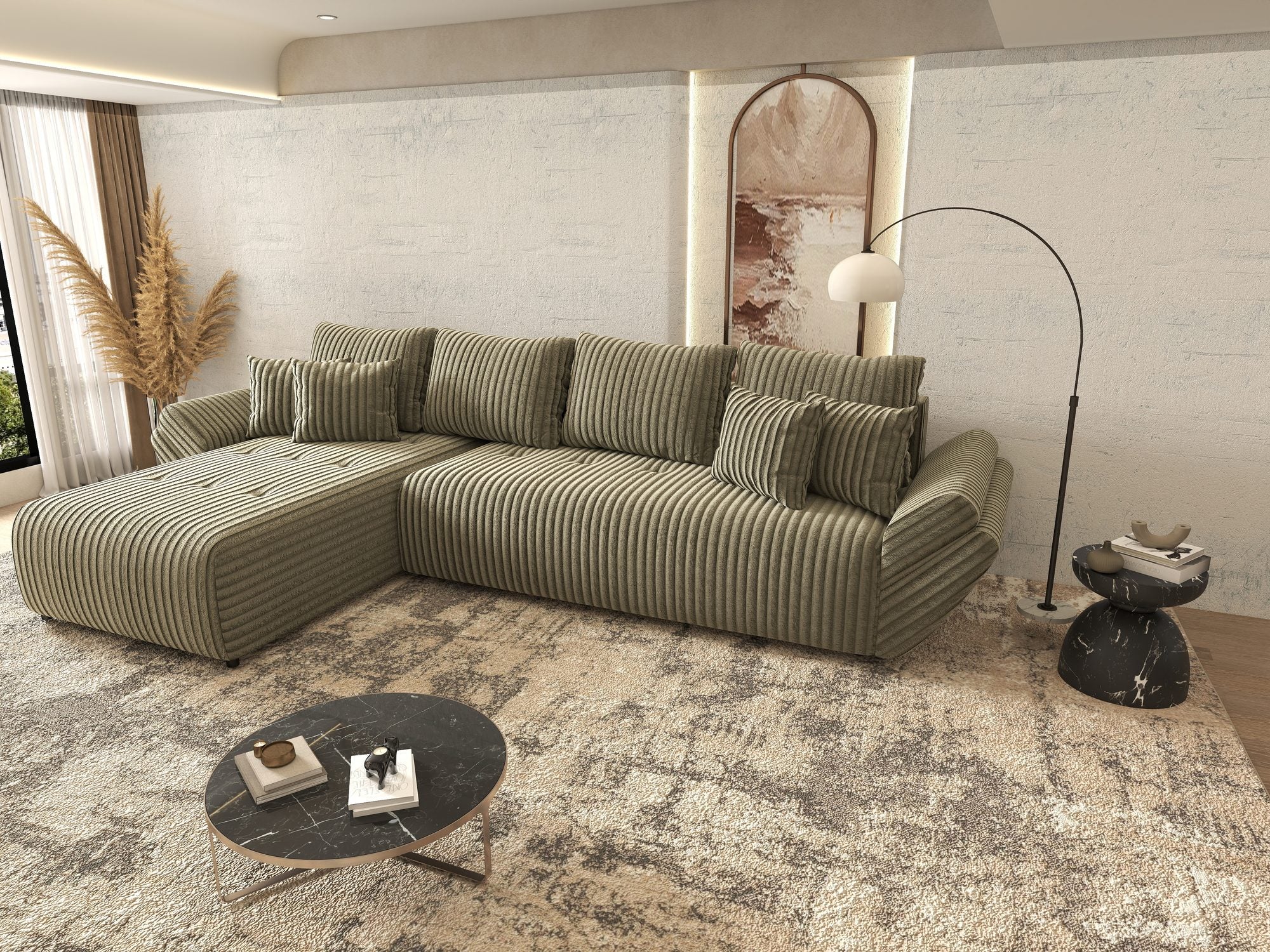 Colțar extensibil dumonde cu ladă de depozitare si sezut confortabil din spuma high-density, Berlin XL Tilia Verde Olive 37 350x185 cm