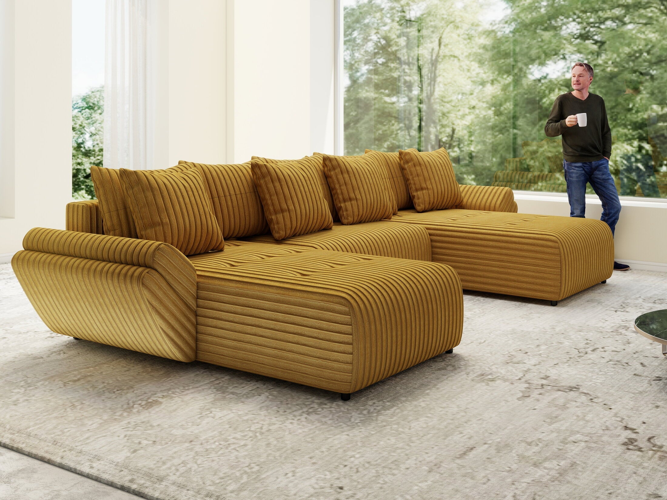 Colțar extensibil dumonde cu ladă de depozitare si sezut confortabil din spuma high-density, Berlin U Ambiance Mustar 400x185 cm