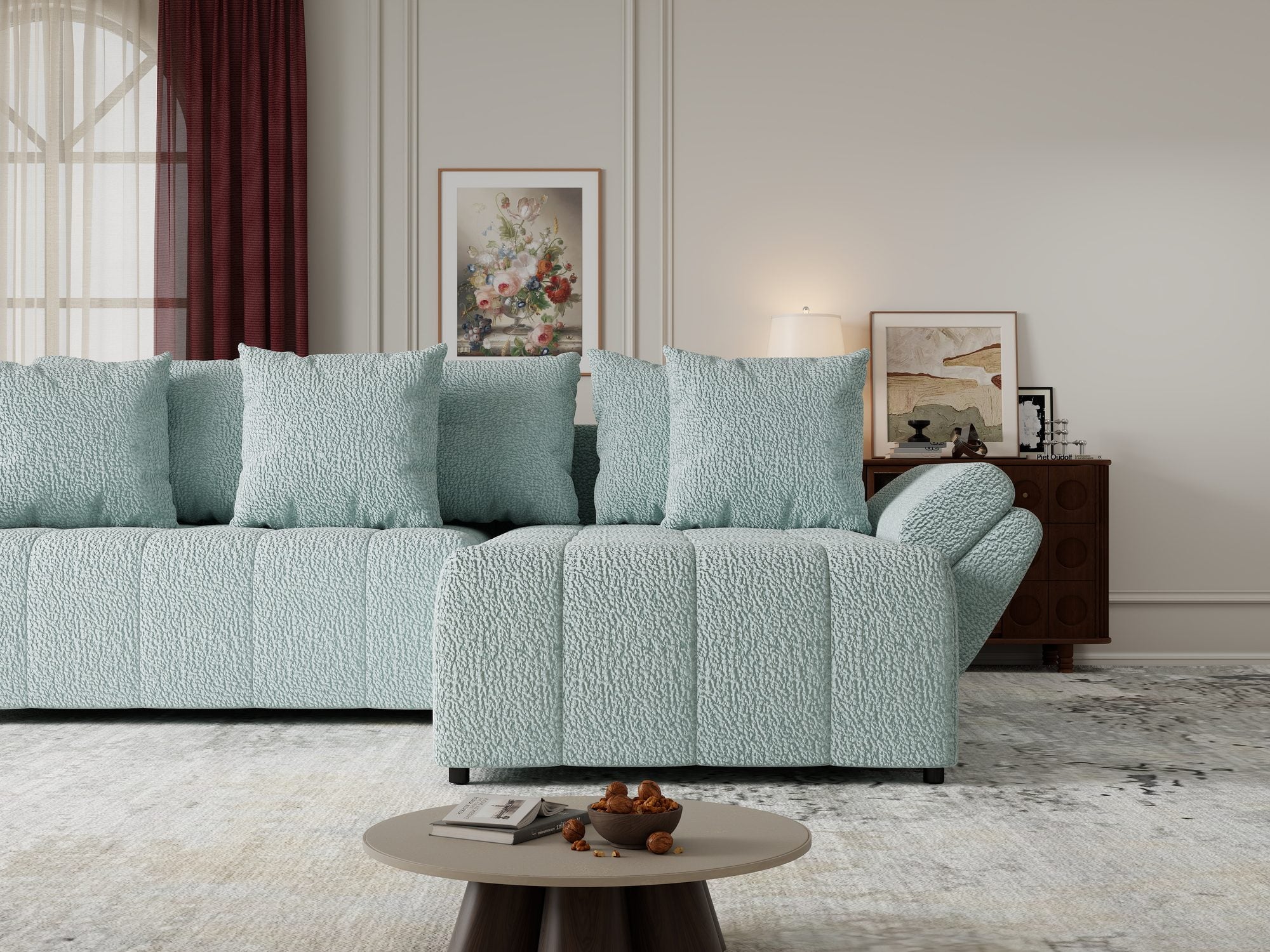 Colțar extensibil dumonde cu ladă de depozitare si sezut confortabil din spuma high-density, Berlin Jaguar Verde Mint 16 II 280x185 cm