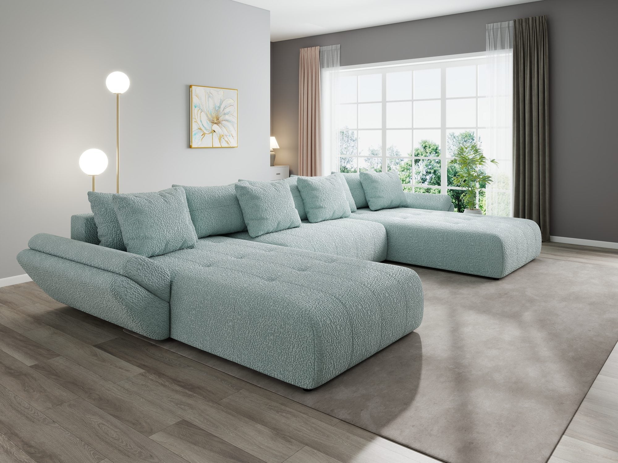 Colțar extensibil dumonde cu ladă de depozitare si sezut confortabil din spuma high-density, Berlin U Jaguar Verde Mint 16 380x180 cm