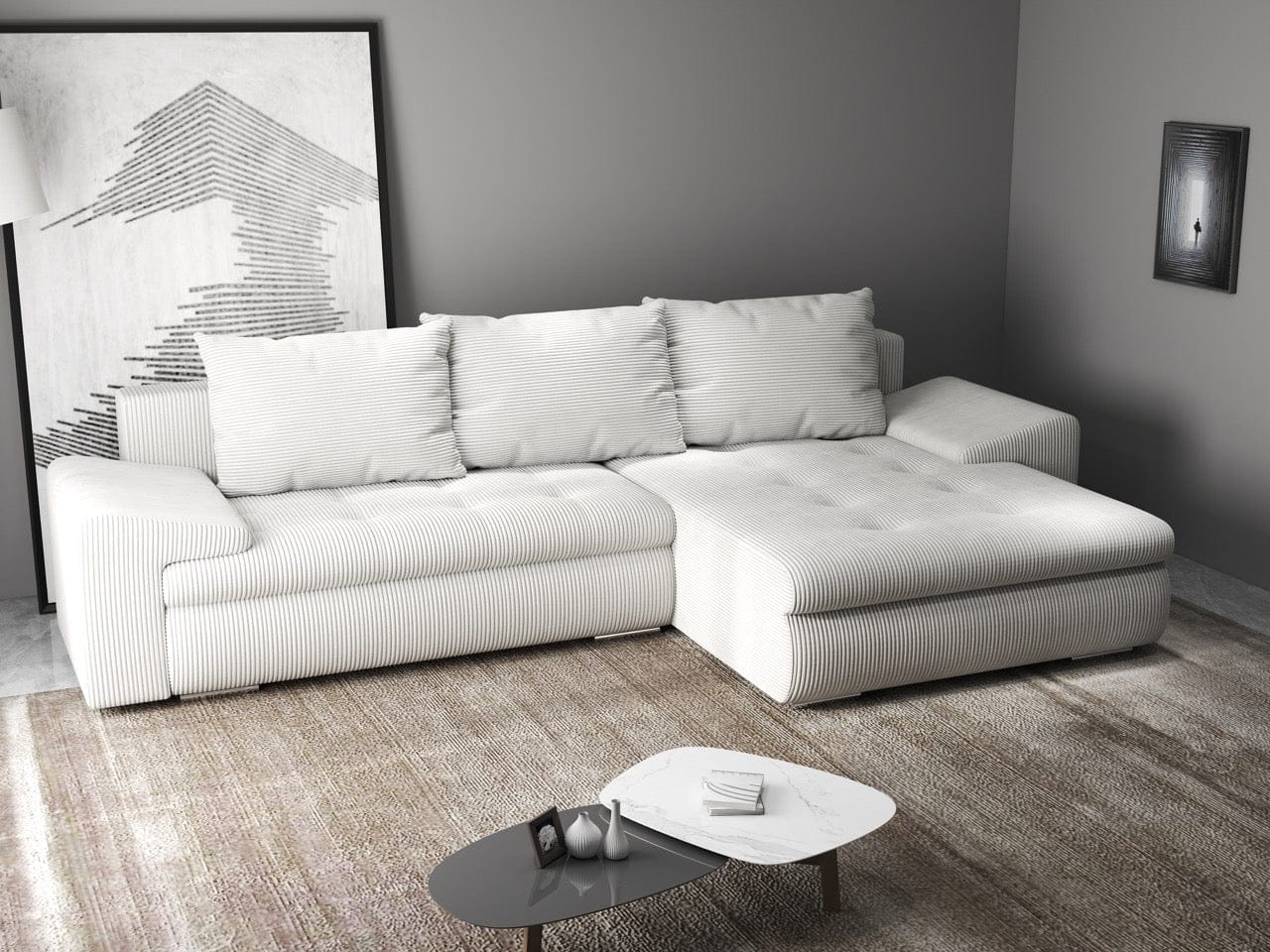 Colțar extensibil dumonde cu ladă de depozitare si sezut confortabil din spuma HR, Leonardo Zoom Crem 260x185 cm II Fabrica