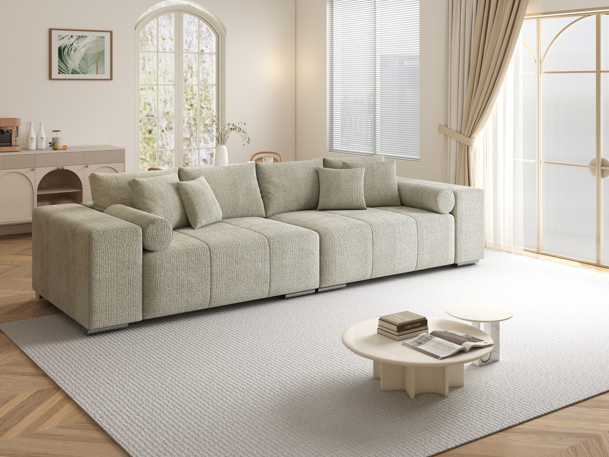 Canapea extensibilă dumonde cu ladă de depozitare si sezut confortabil din spuma high-density, Marbela XXL Cremona Bej 04 290x100 cm