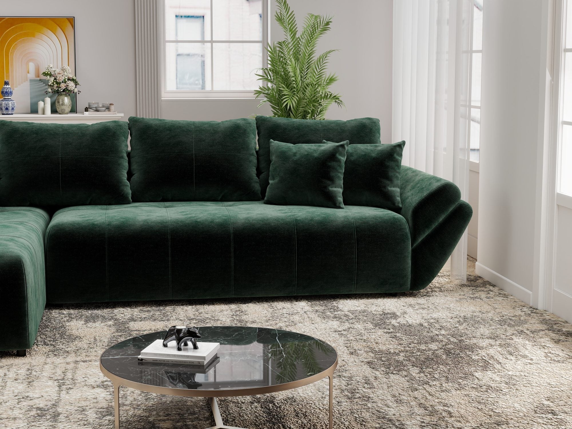 Colțar extensibil dumonde cu ladă de depozitare si sezut confortabil din spuma high-density, Berlin XL Monolith Verde 37 350x185 cm