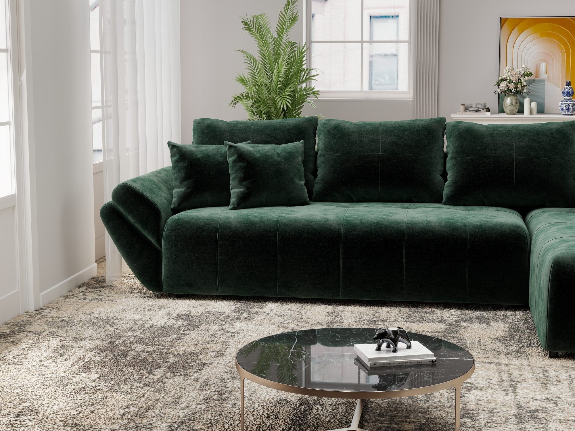 Colțar extensibil dumonde cu ladă de depozitare si sezut confortabil din spuma high-density, Berlin XL Monolith Verde 37 II 350x185 cm