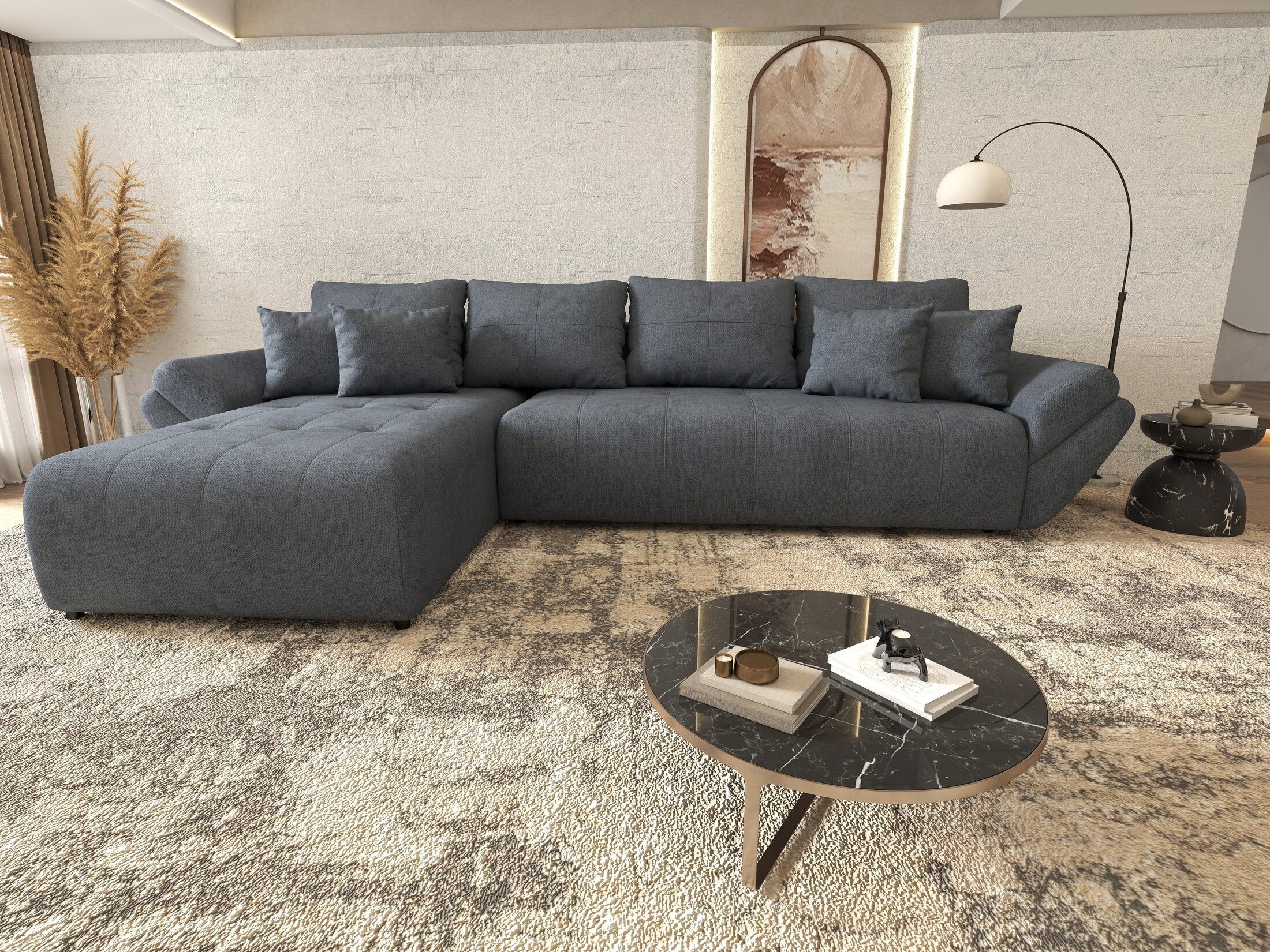 Colțar extensibil dumonde cu ladă de depozitare si sezut confortabil din spuma high-density, Berlin XL Enjoy Antracit 350x185 cm