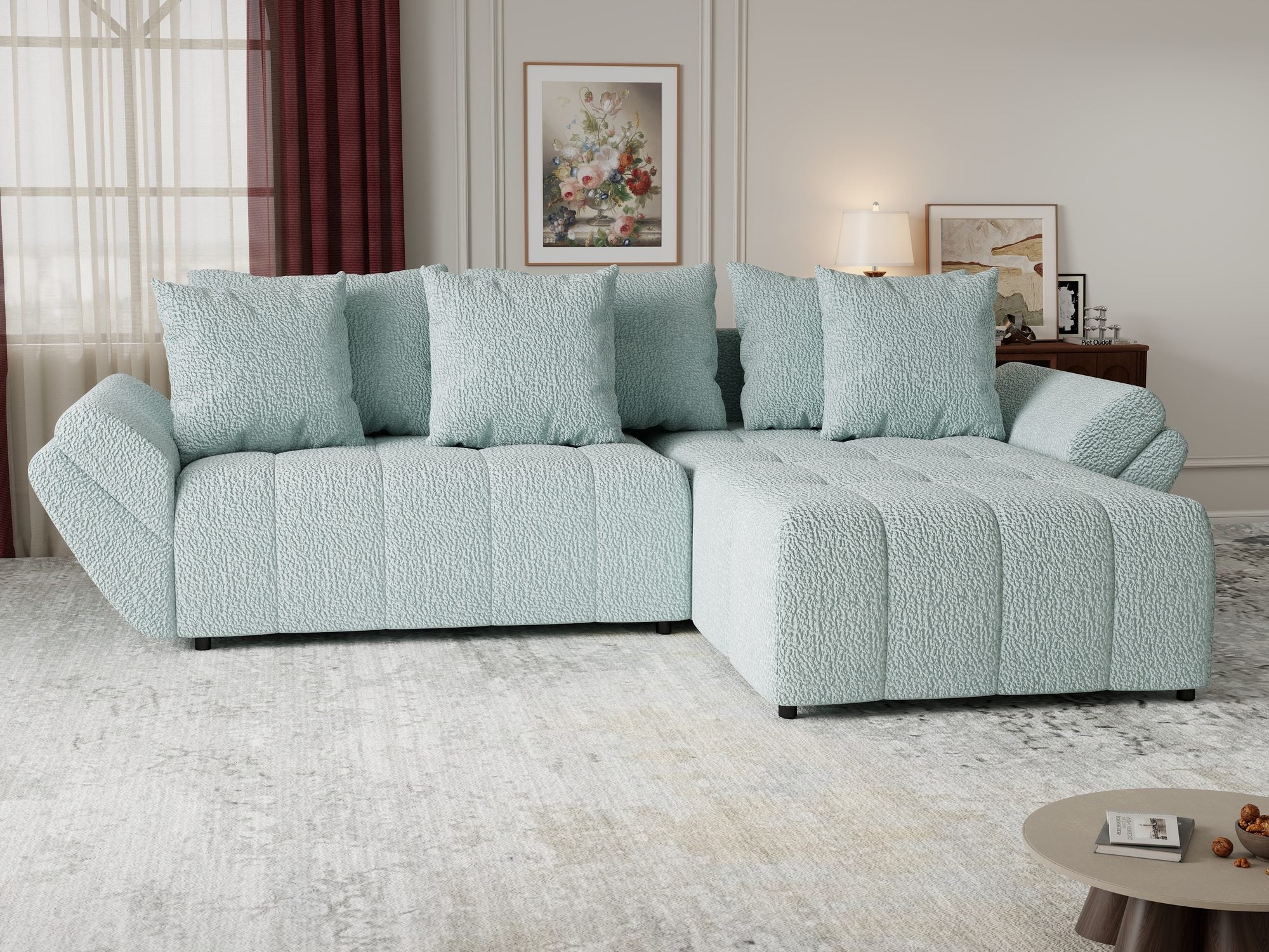 Colțar extensibil dumonde cu ladă de depozitare si sezut confortabil din spuma high-density, Berlin Jaguar Verde Mint 16 II 280x185 cm