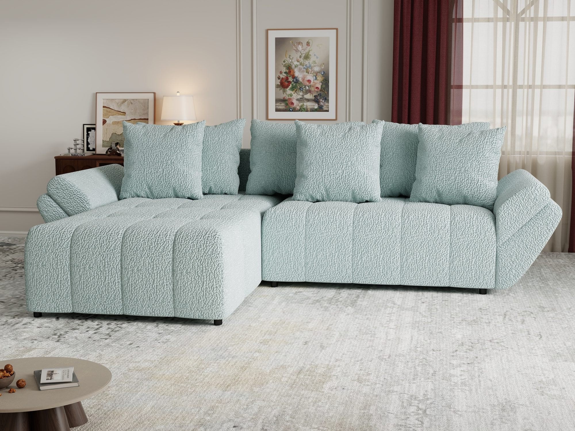 Colțar extensibil dumonde cu ladă de depozitare si sezut confortabil din spuma high-density, Berlin Jaguar Verde Mint 16 280x185 cm
