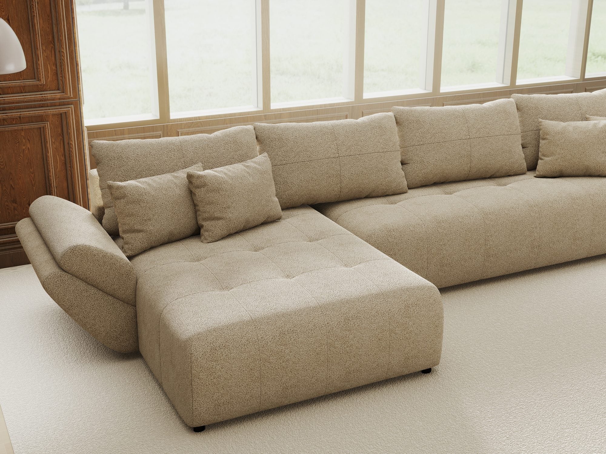 Colțar extensibil dumonde cu ladă de depozitare si sezut confortabil din spuma high-density, Berlin XL Quelle Bej 05 350x185 cm