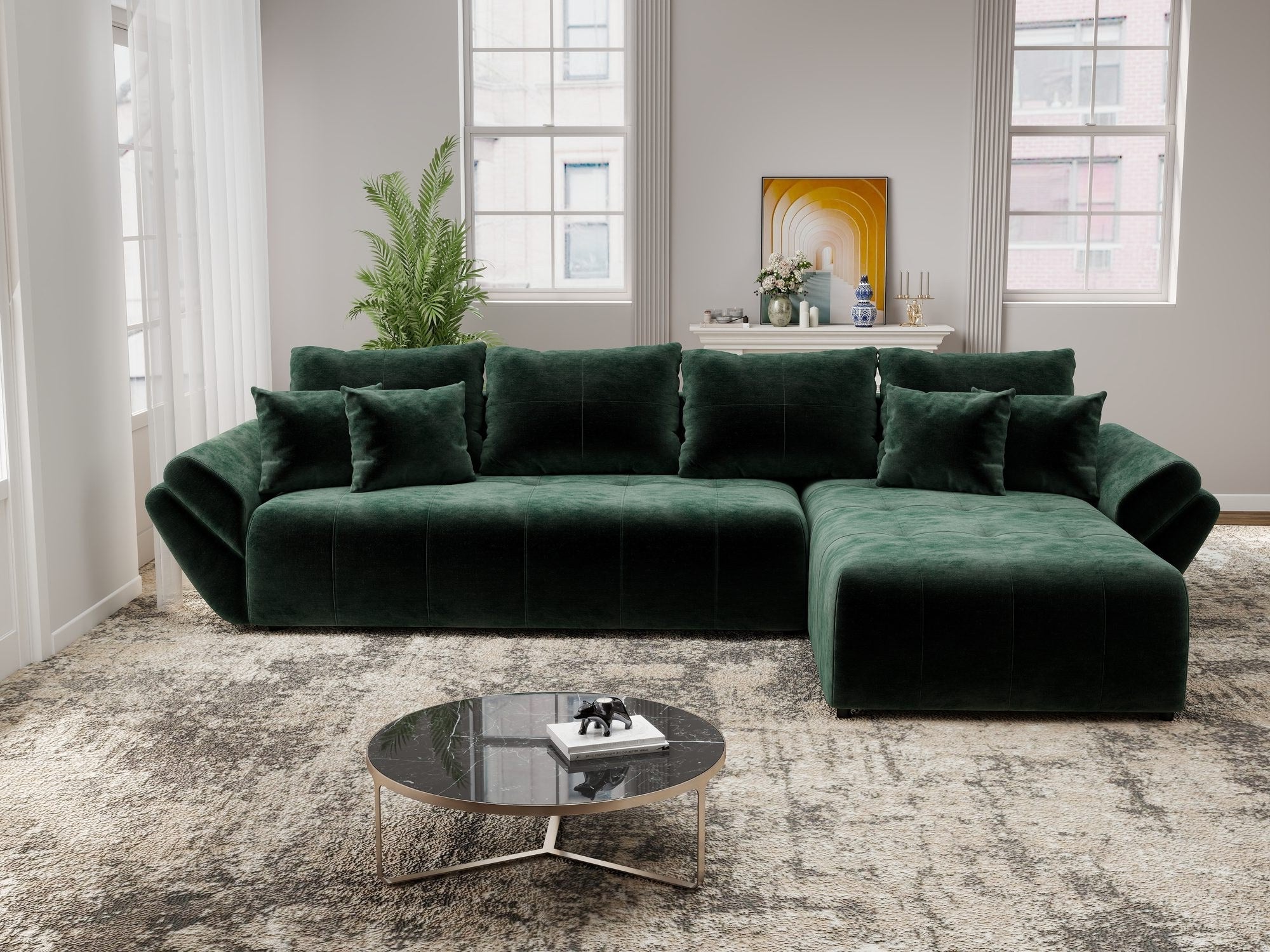 Colțar extensibil dumonde cu ladă de depozitare si sezut confortabil din spuma high-density, Berlin XL Monolith Verde 37 II 350x185 cm