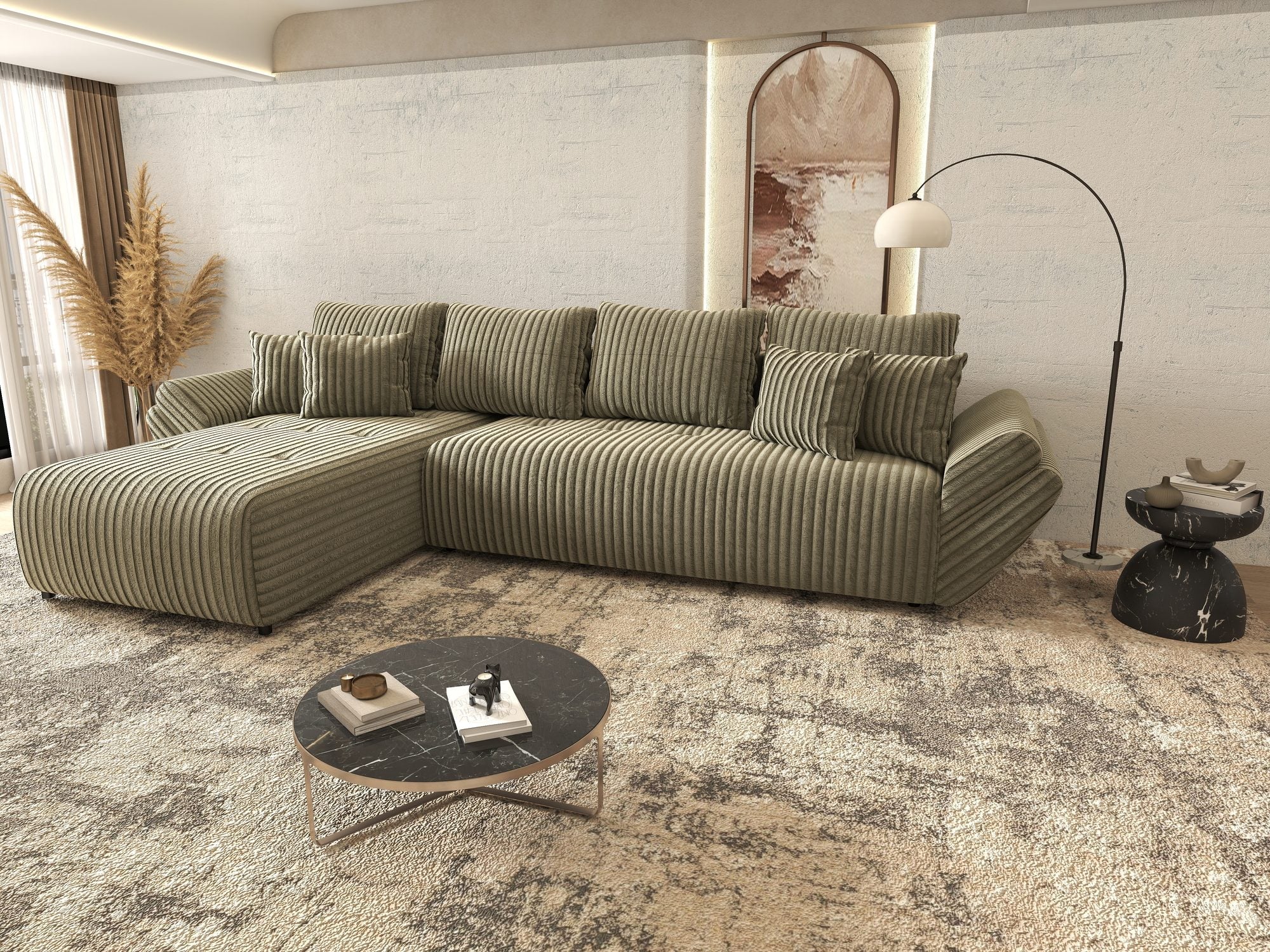 Colțar extensibil dumonde cu ladă de depozitare si sezut confortabil din spuma high-density, Berlin XL Tilia Verde Olive 37 350x185 cm