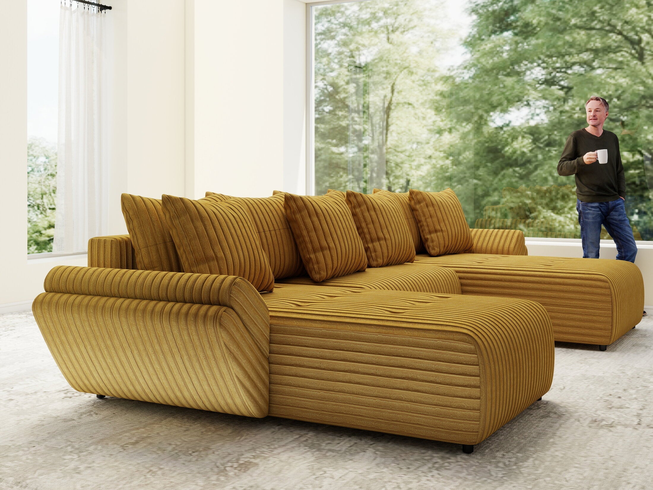 Colțar extensibil dumonde cu ladă de depozitare si sezut confortabil din spuma high-density, Berlin U Ambiance Mustar 400x185 cm
