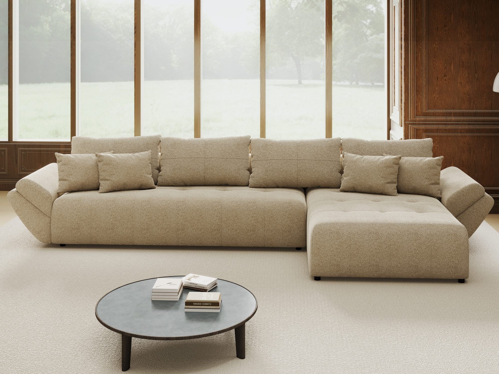 Colțar extensibil dumonde cu ladă de depozitare si sezut confortabil din spuma high-density, Berlin XL Quelle Bej 05 II 350x185 cm