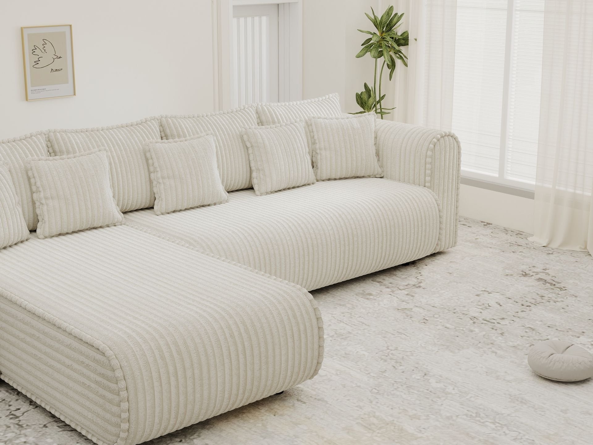 Colțar extensibil dumonde cu ladă de depozitare si sezut confortabil din spuma high-density, Monaco XL Tilia Crem 340x185 cm