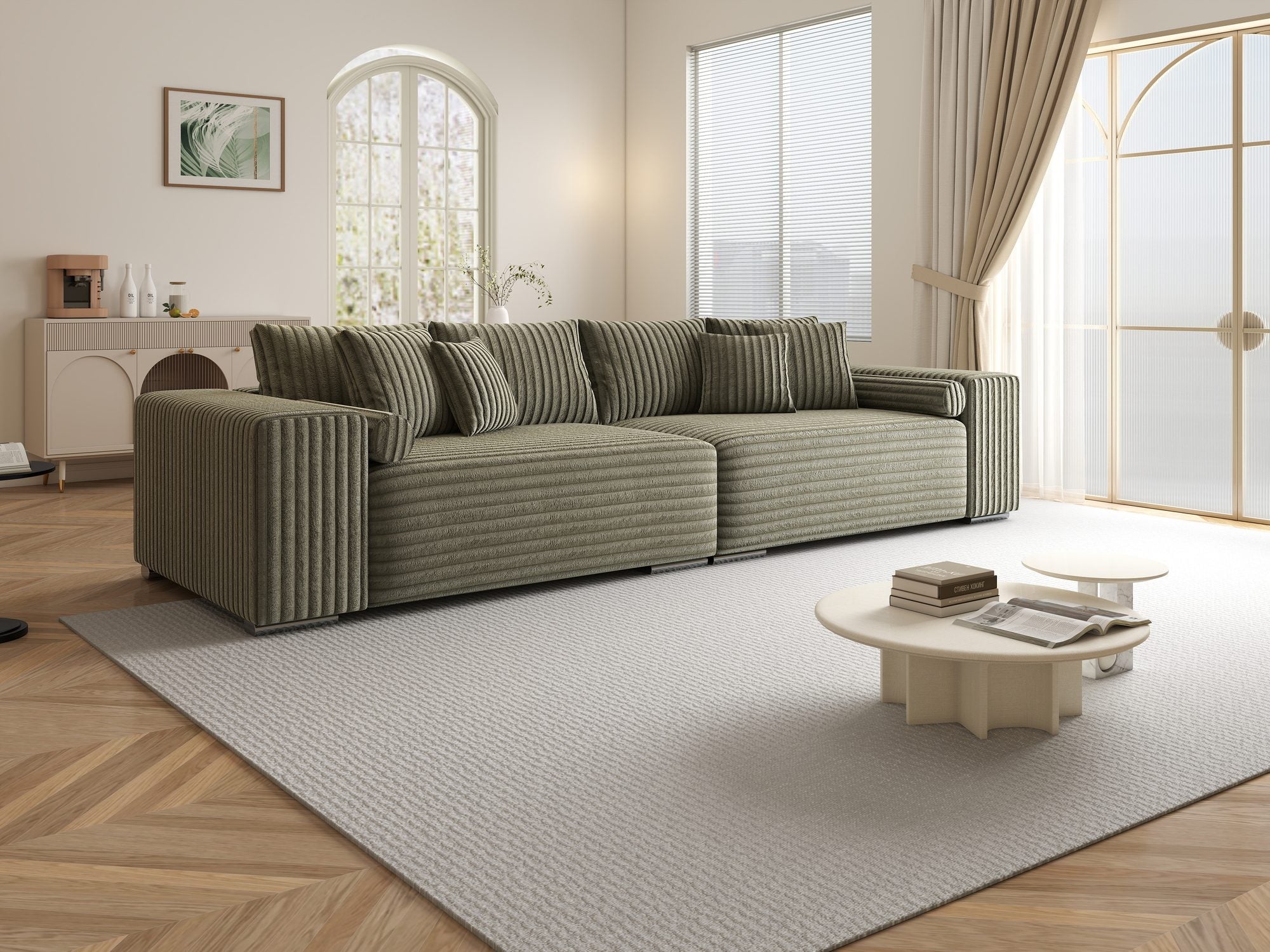 Canapea extensibilă dumonde cu ladă de depozitare si sezut confortabil din spuma high-density, Marbela XXL Tilia Verde Olive 37 290x100 cm
