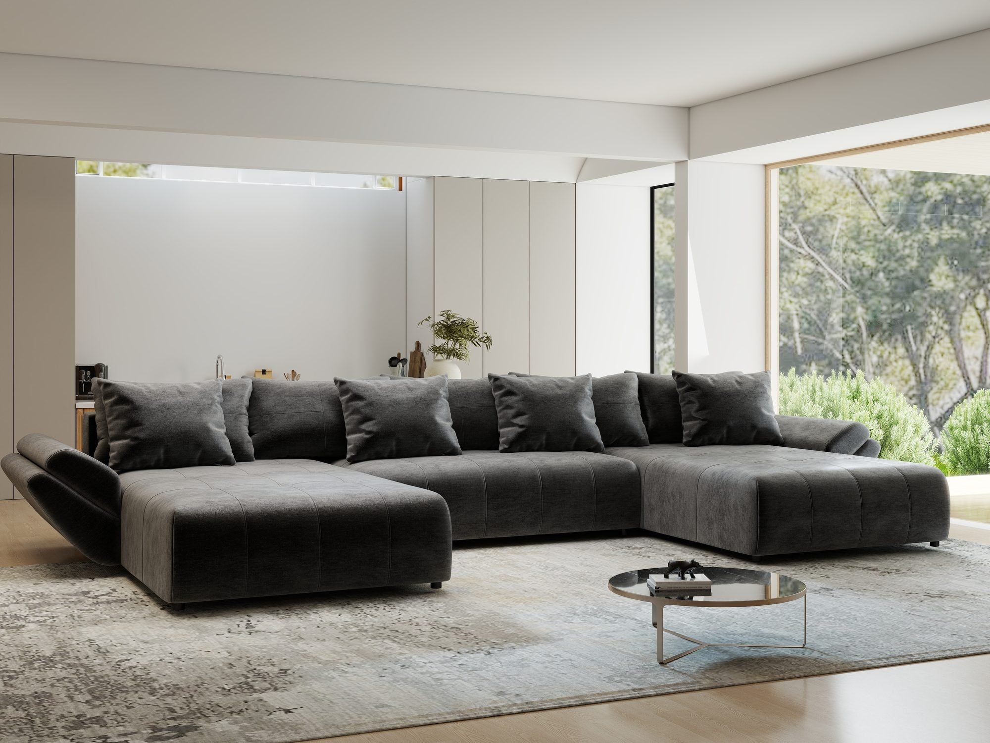 Colțar extensibil dumonde cu ladă de depozitare si sezut confortabil din spuma high-density, Berlin U Monolith Gri Antracit 97 380x180 cm