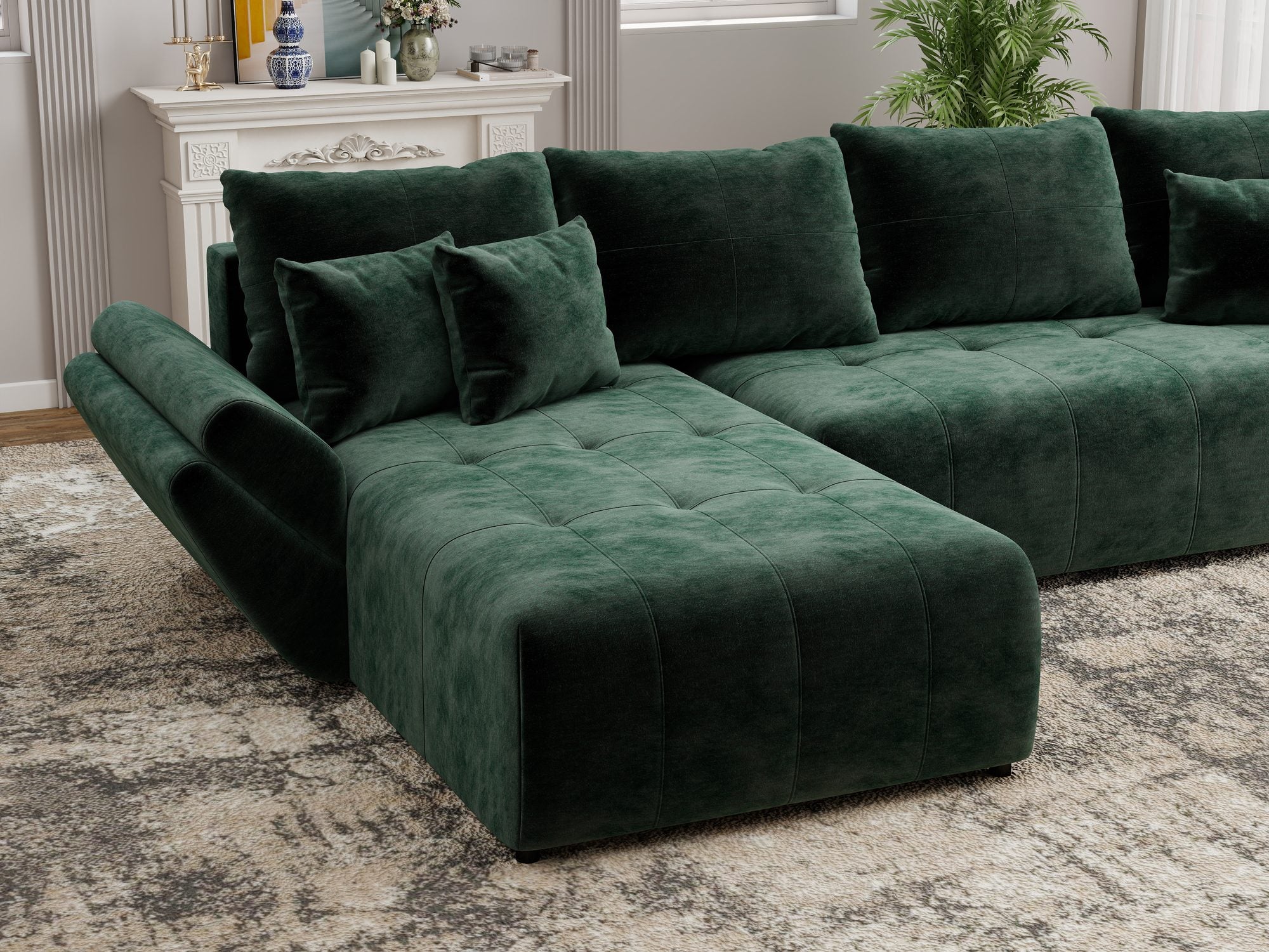 Colțar extensibil dumonde cu ladă de depozitare si sezut confortabil din spuma high-density, Berlin XL Monolith Verde 37 350x185 cm