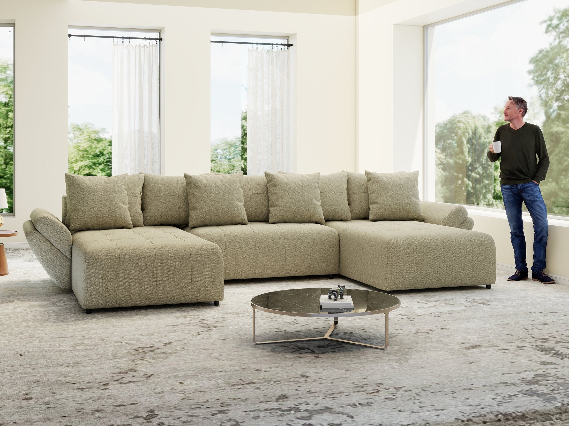 Colțar extensibil dumonde cu ladă de depozitare si sezut confortabil din spuma high-density, Berlin U Enjoy Camel 400x185 cm
