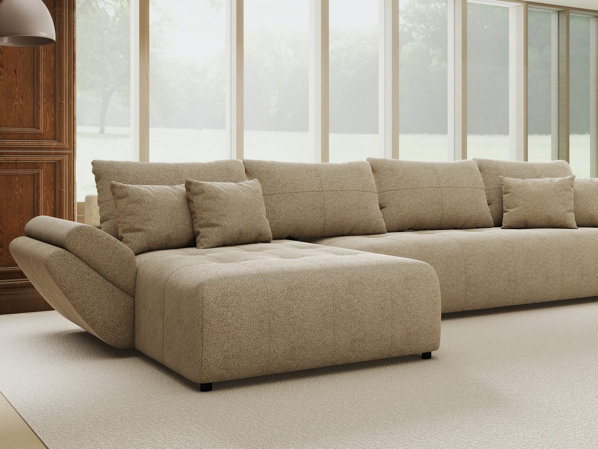 Colțar extensibil dumonde cu ladă de depozitare si sezut confortabil din spuma high-density, Berlin XL Quelle Bej 05 350x185 cm