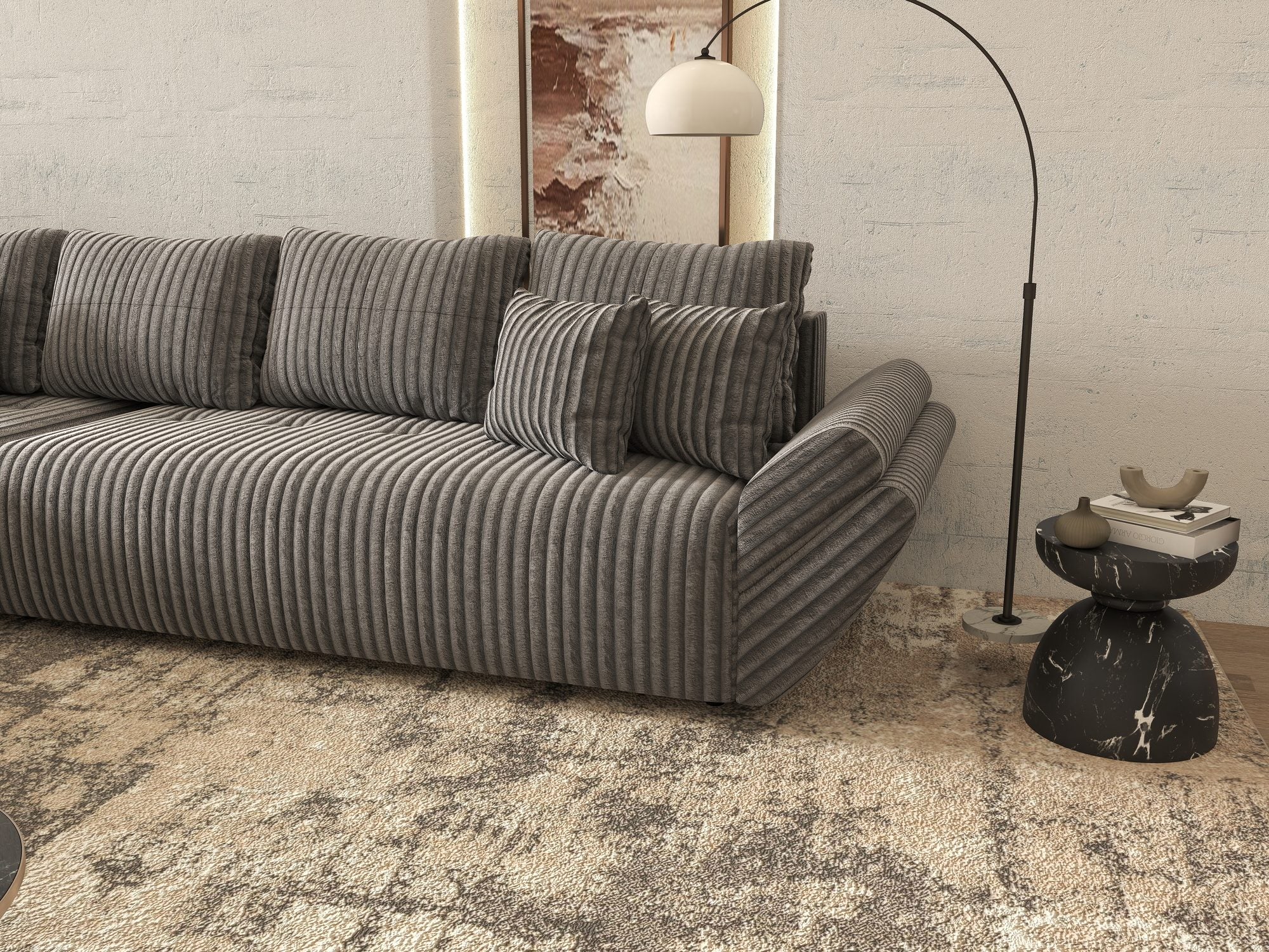 Colțar extensibil dumonde cu ladă de depozitare si sezut confortabil din spuma high-density, Berlin XL Tilia Gri 90 350x185 cm