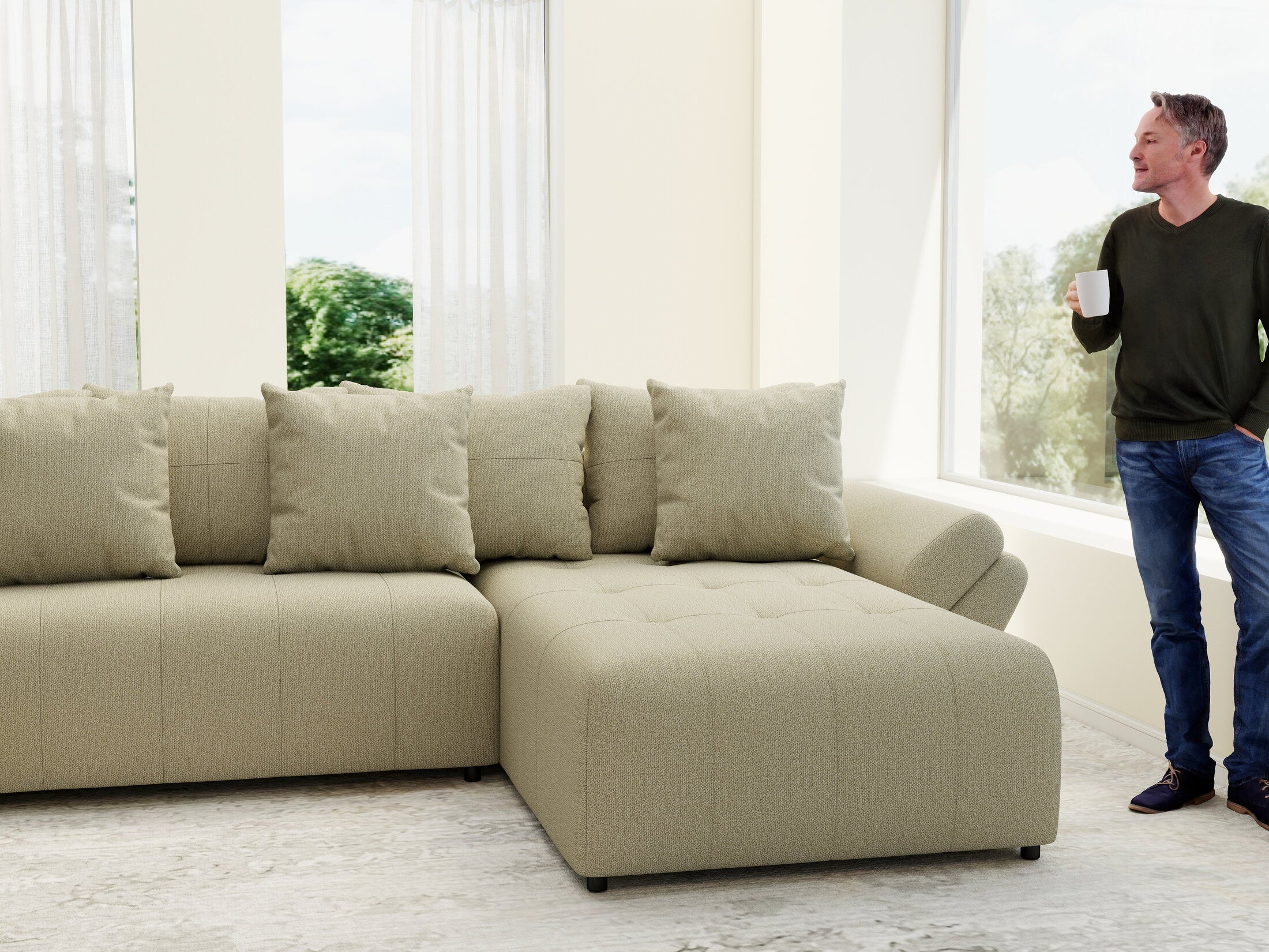 Colțar extensibil dumonde cu ladă de depozitare si sezut confortabil din spuma high-density, Berlin U Enjoy Camel 400x185 cm