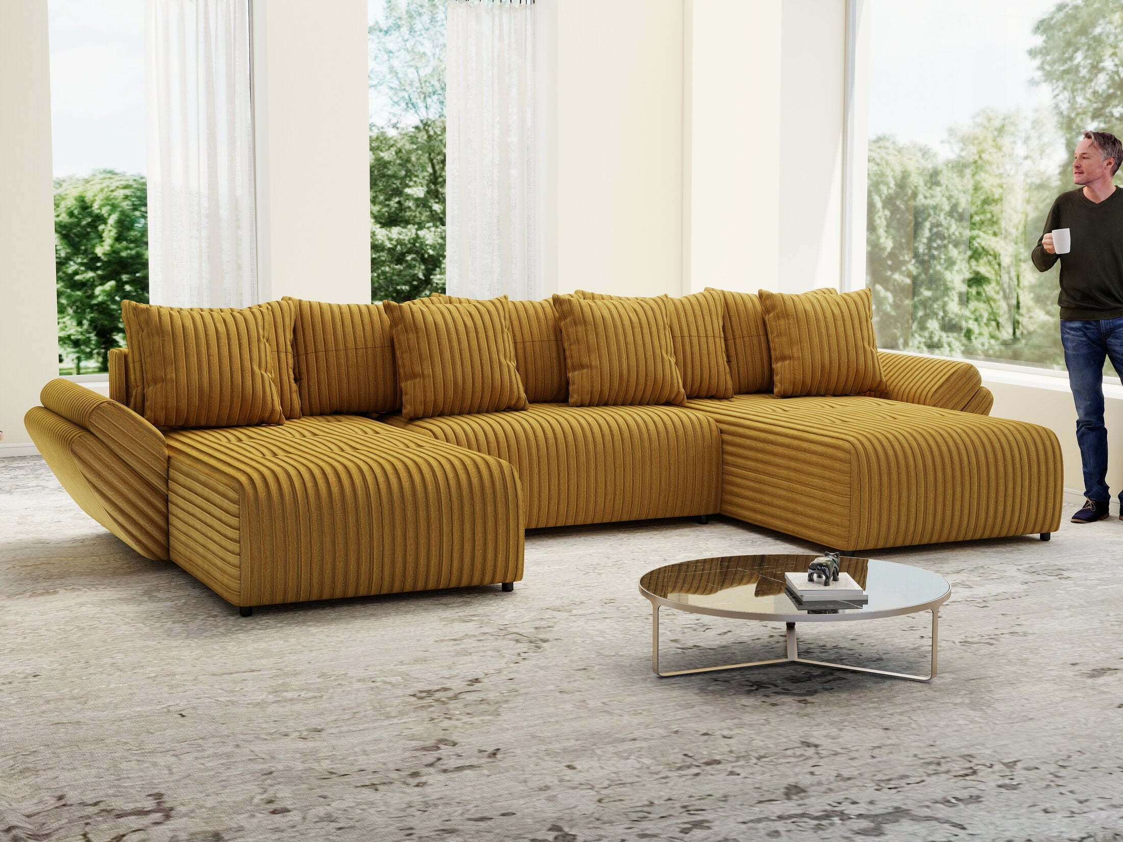 Colțar extensibil dumonde cu ladă de depozitare si sezut confortabil din spuma high-density, Berlin U Ambiance Mustar 400x185 cm