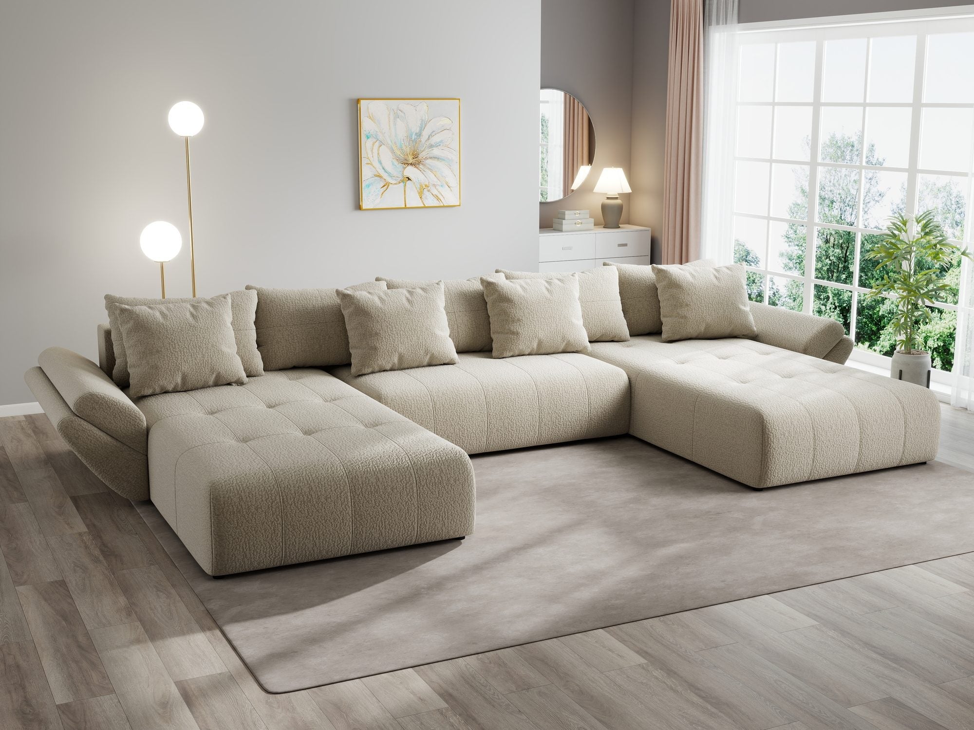 Colțar extensibil dumonde cu ladă de depozitare si sezut confortabil din spuma high-density, Berlin U Jaguar Bej 4 380x180 cm