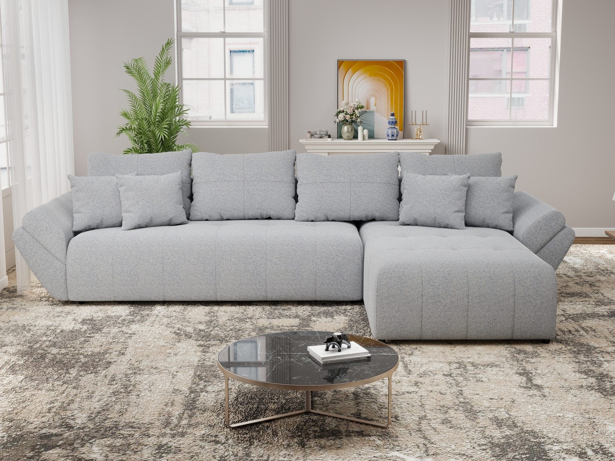 Colțar extensibil dumonde cu ladă de depozitare si sezut confortabil din spuma high-density, Berlin XL Monte Gri 84 II 350x185 cm