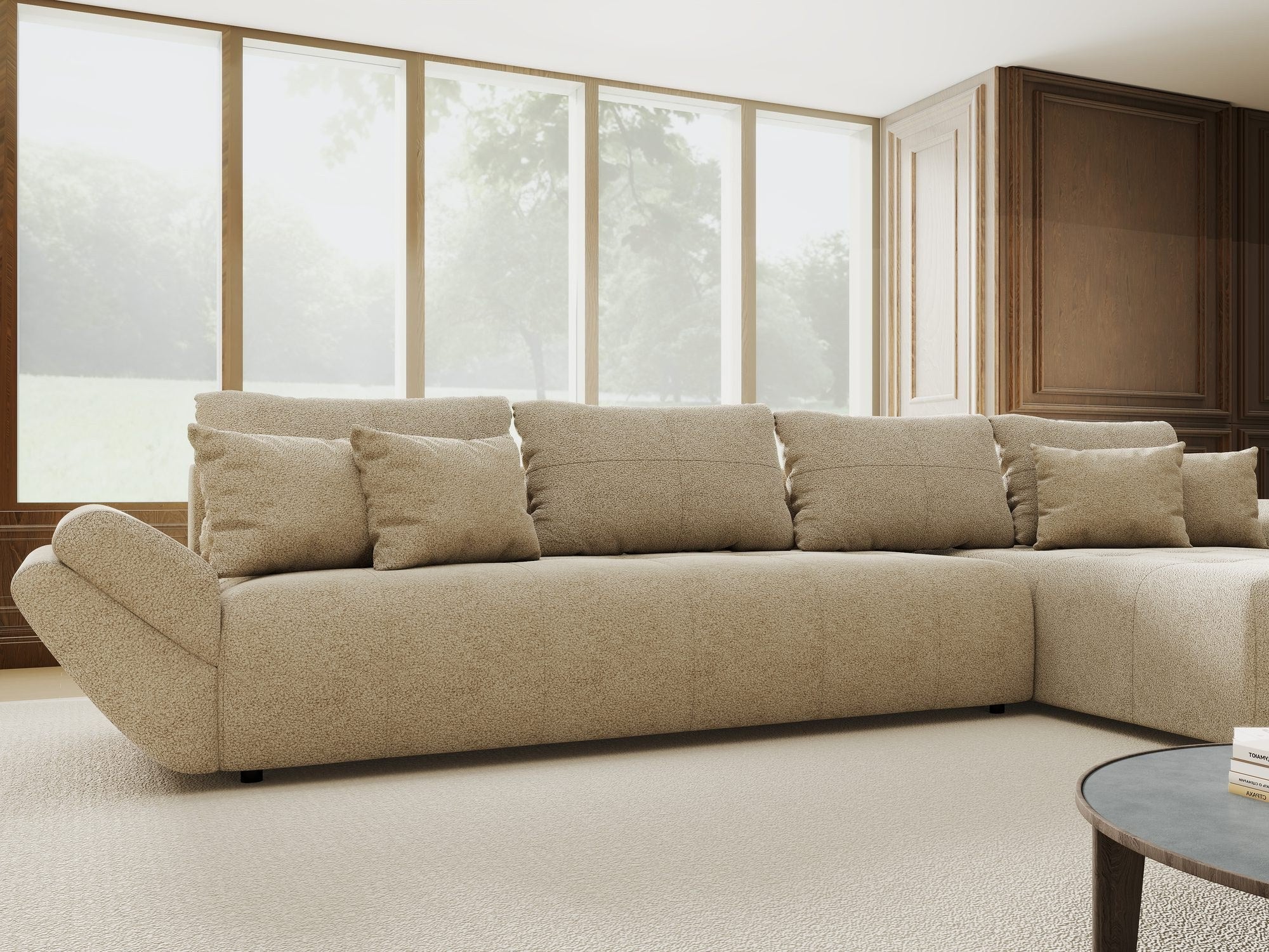 Colțar extensibil dumonde cu ladă de depozitare si sezut confortabil din spuma high-density, Berlin XL Quelle Bej 05 II 350x185 cm