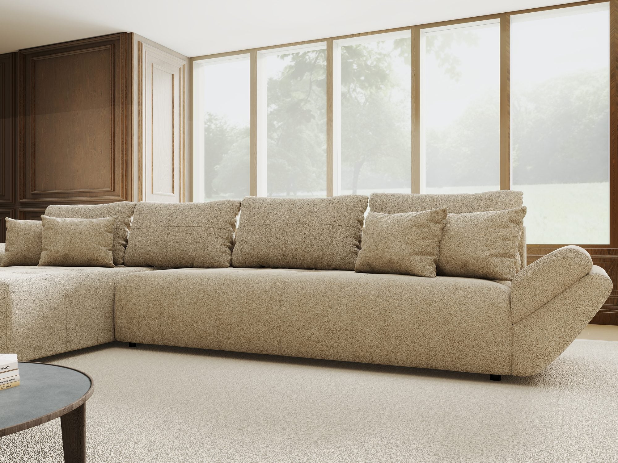 Colțar extensibil dumonde cu ladă de depozitare si sezut confortabil din spuma high-density, Berlin XL Quelle Bej 05 350x185 cm