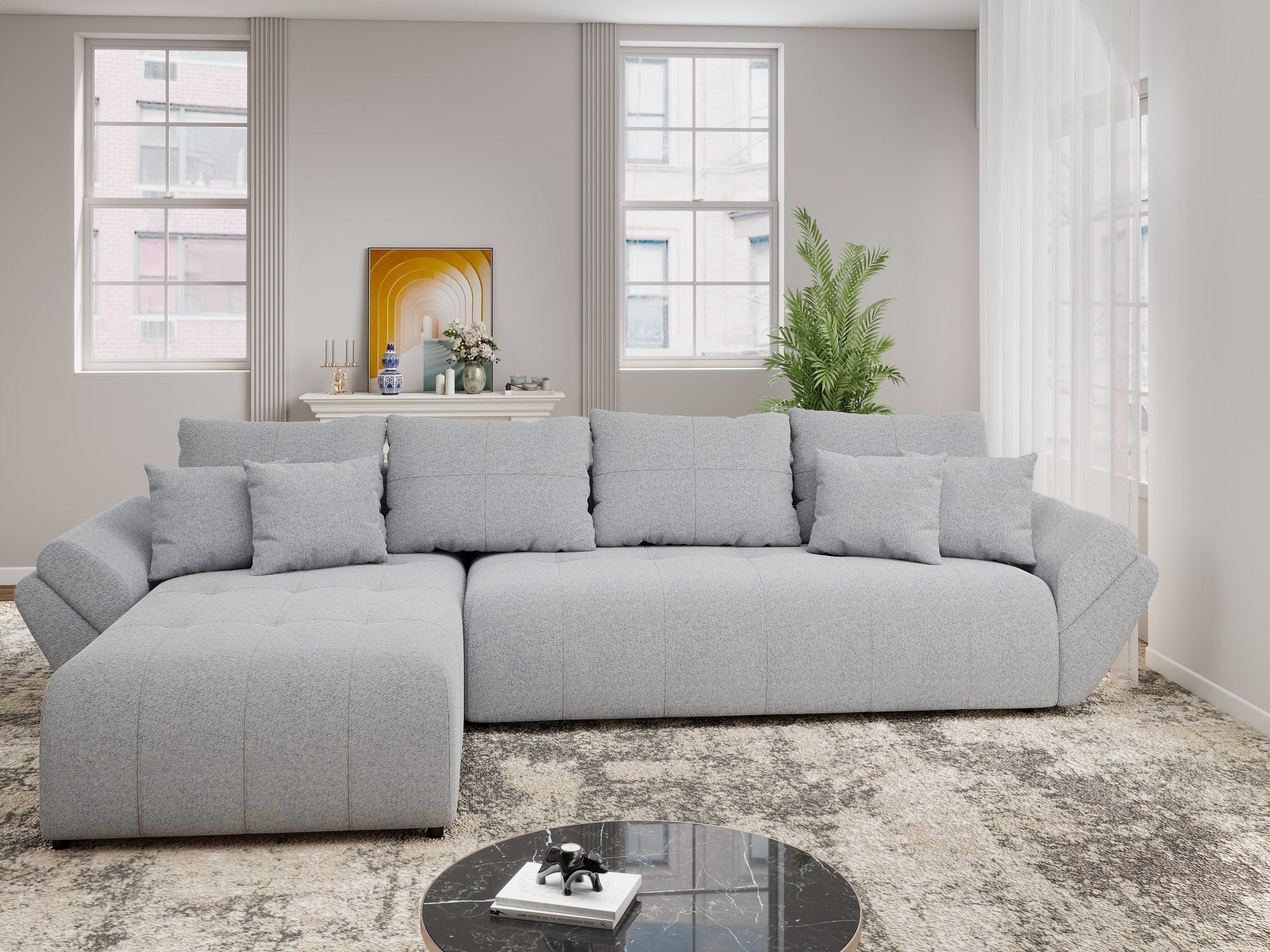 Colțar extensibil dumonde cu ladă de depozitare si sezut confortabil din spuma high-density, Berlin XL Monte Gri 84 350x185 cm