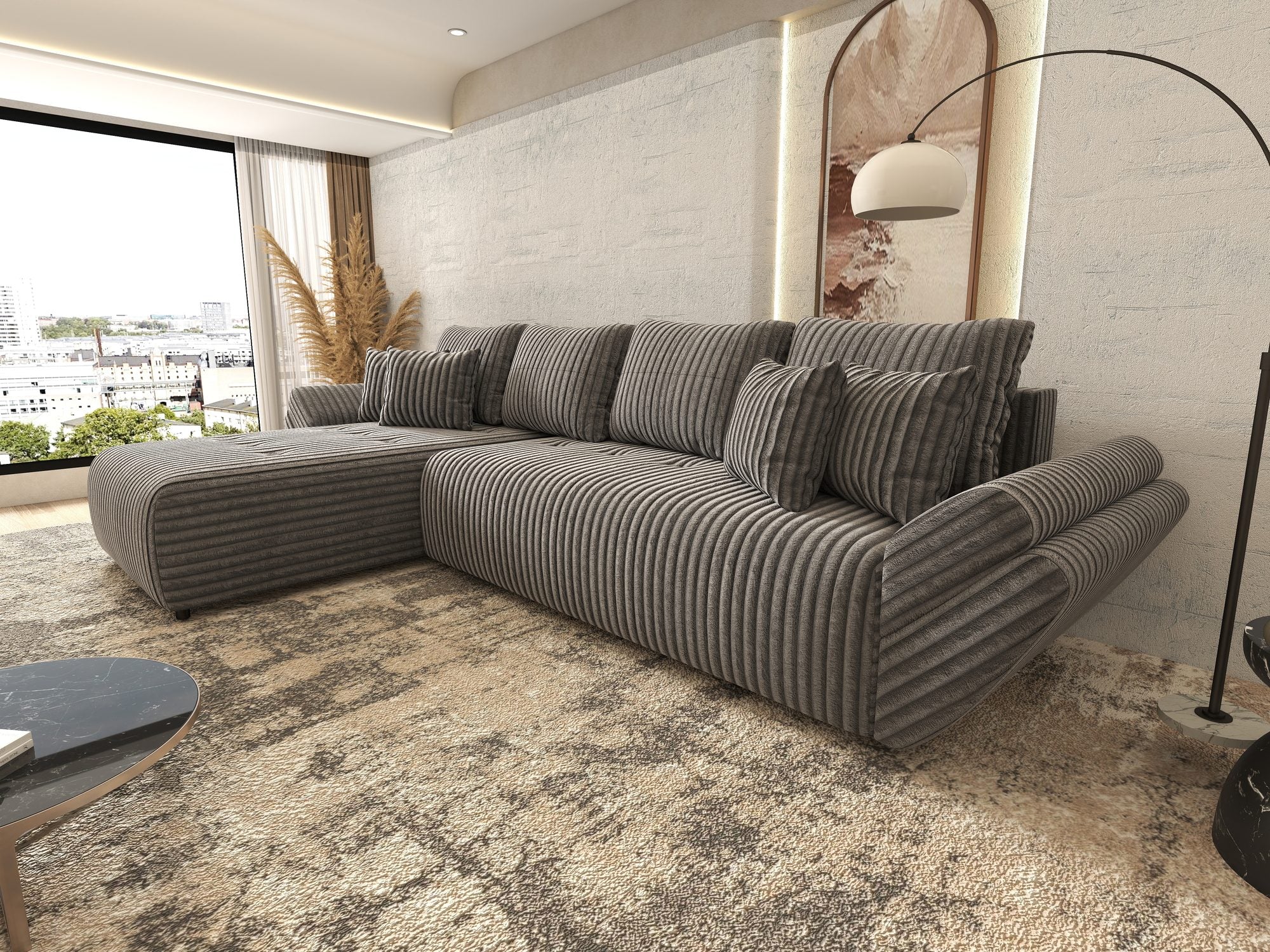 Colțar extensibil dumonde cu ladă de depozitare si sezut confortabil din spuma high-density, Berlin XL Tilia Gri 90 350x185 cm