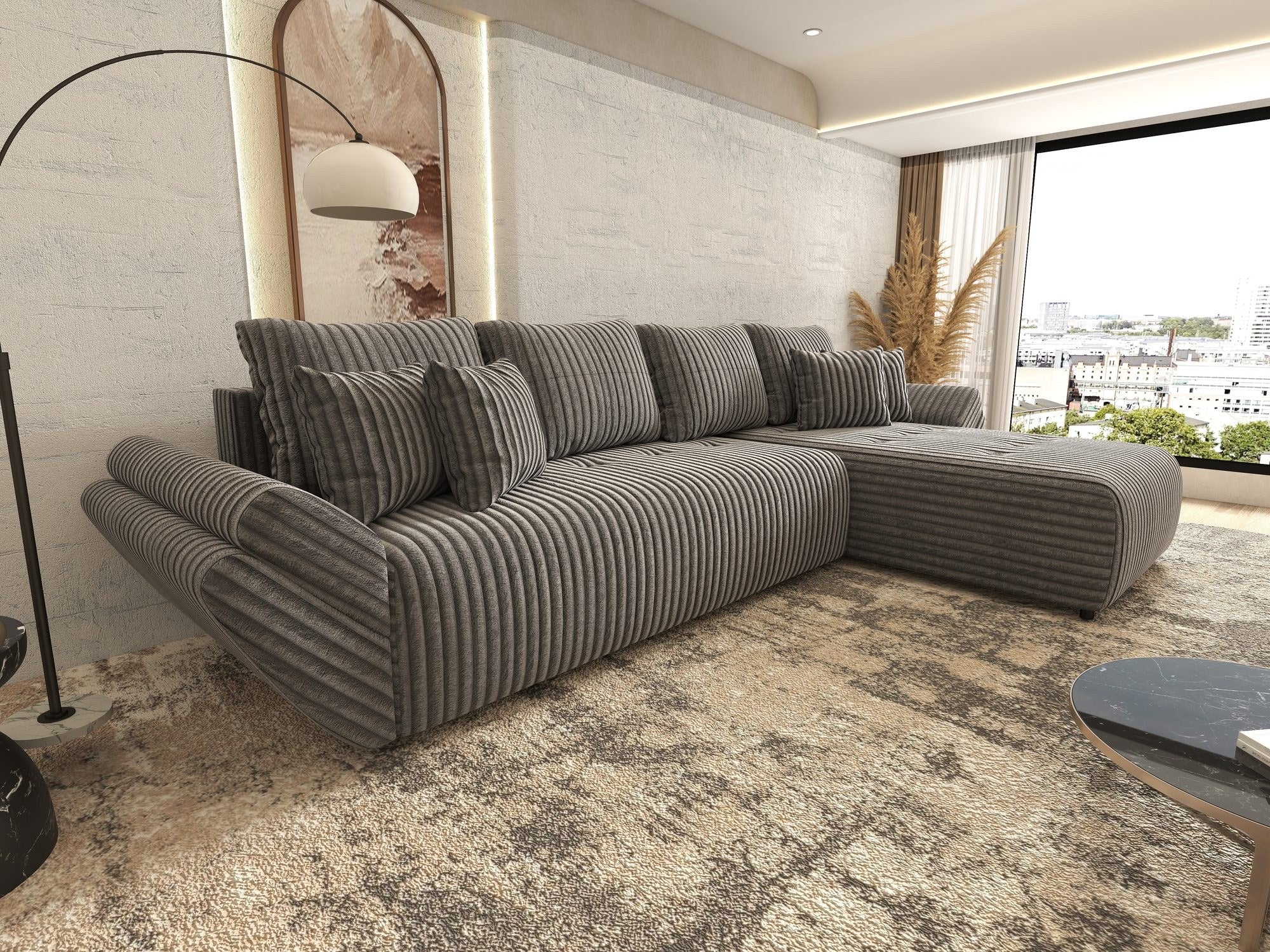Colțar extensibil dumonde cu ladă de depozitare si sezut confortabil din spuma high-density, Berlin XL Tilia Gri 90 II 350x185 cm