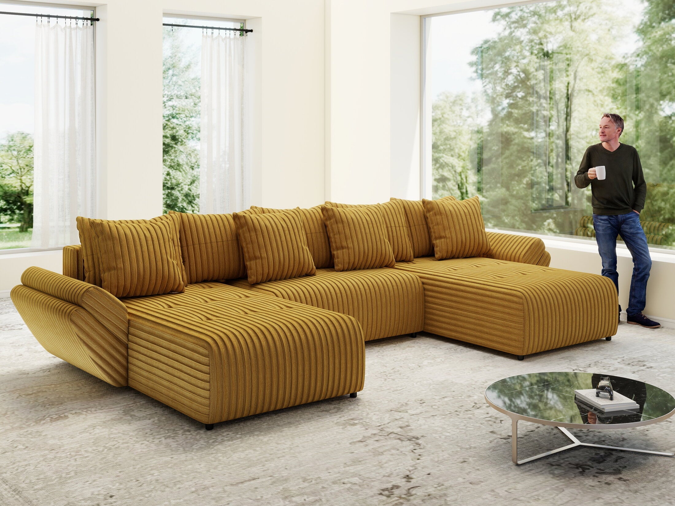 Colțar extensibil dumonde cu ladă de depozitare si sezut confortabil din spuma high-density, Berlin U Ambiance Mustar 400x185 cm