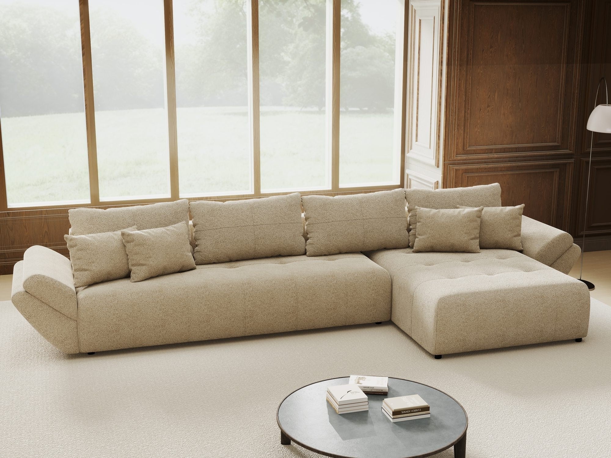 Colțar extensibil dumonde cu ladă de depozitare si sezut confortabil din spuma high-density, Berlin XL Quelle Bej 05 II 350x185 cm