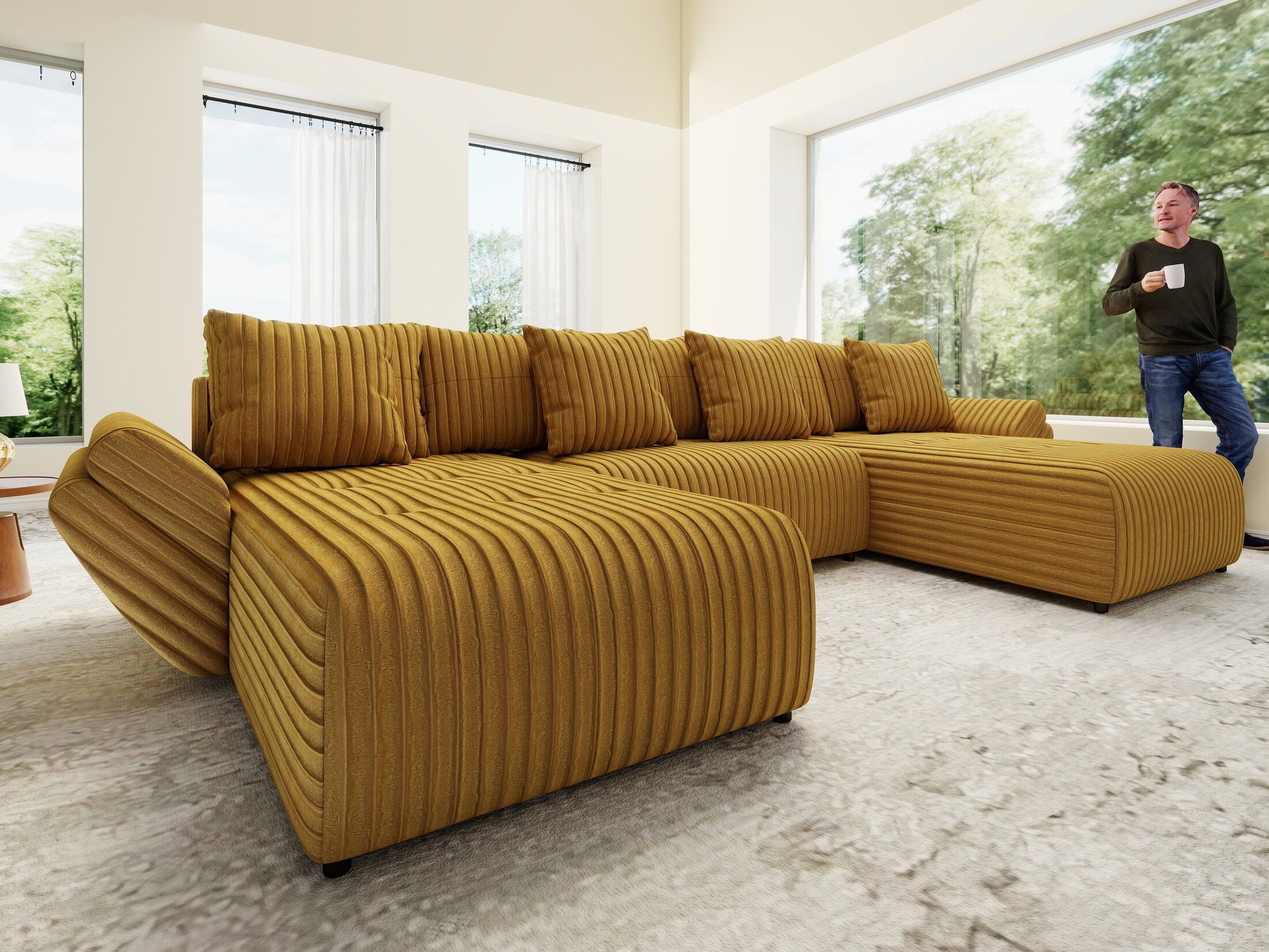 Colțar extensibil dumonde cu ladă de depozitare si sezut confortabil din spuma high-density, Berlin U Ambiance Mustar 400x185 cm