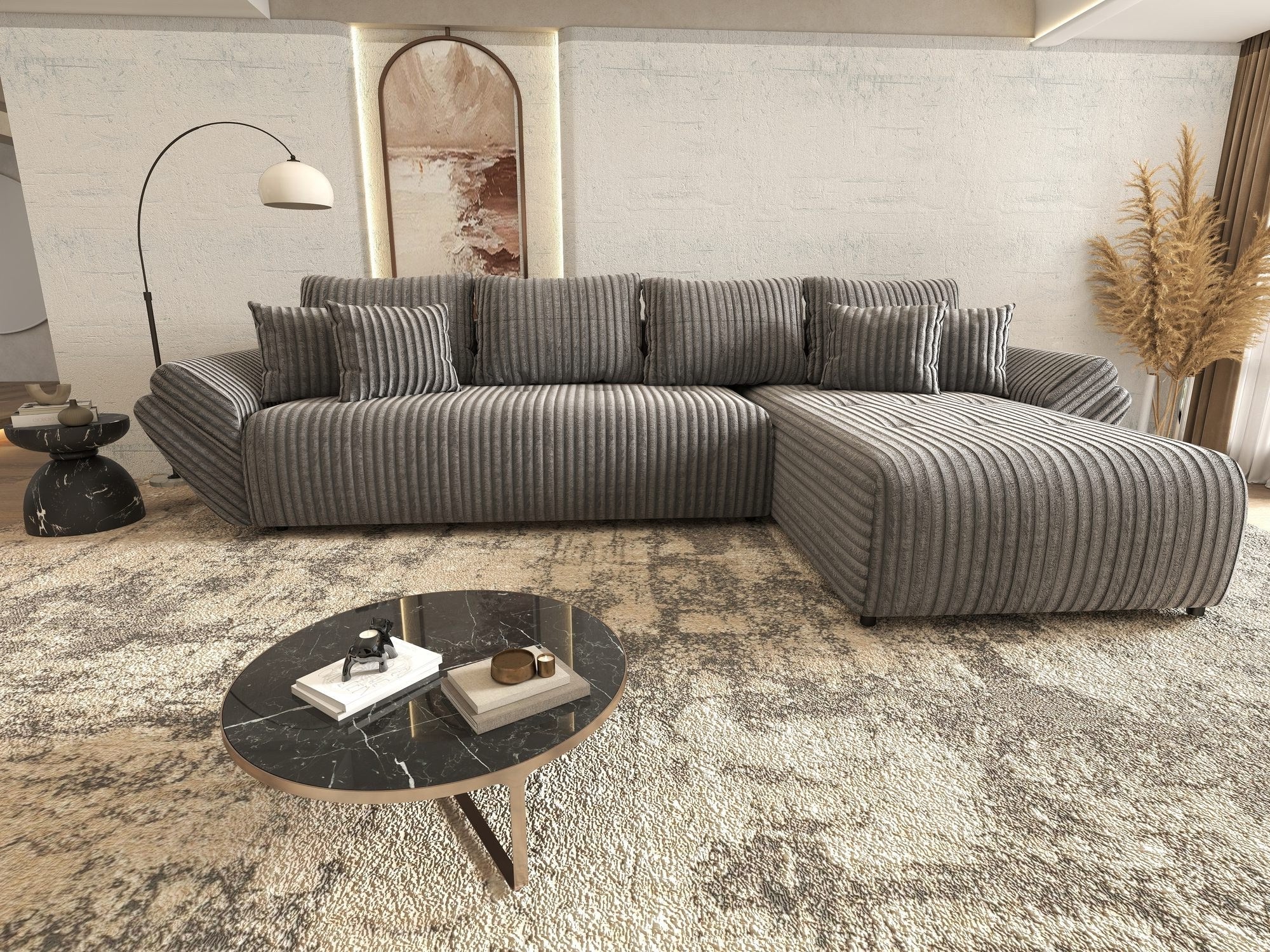 Colțar extensibil dumonde cu ladă de depozitare si sezut confortabil din spuma high-density, Berlin XL Tilia Gri 90 II 350x185 cm