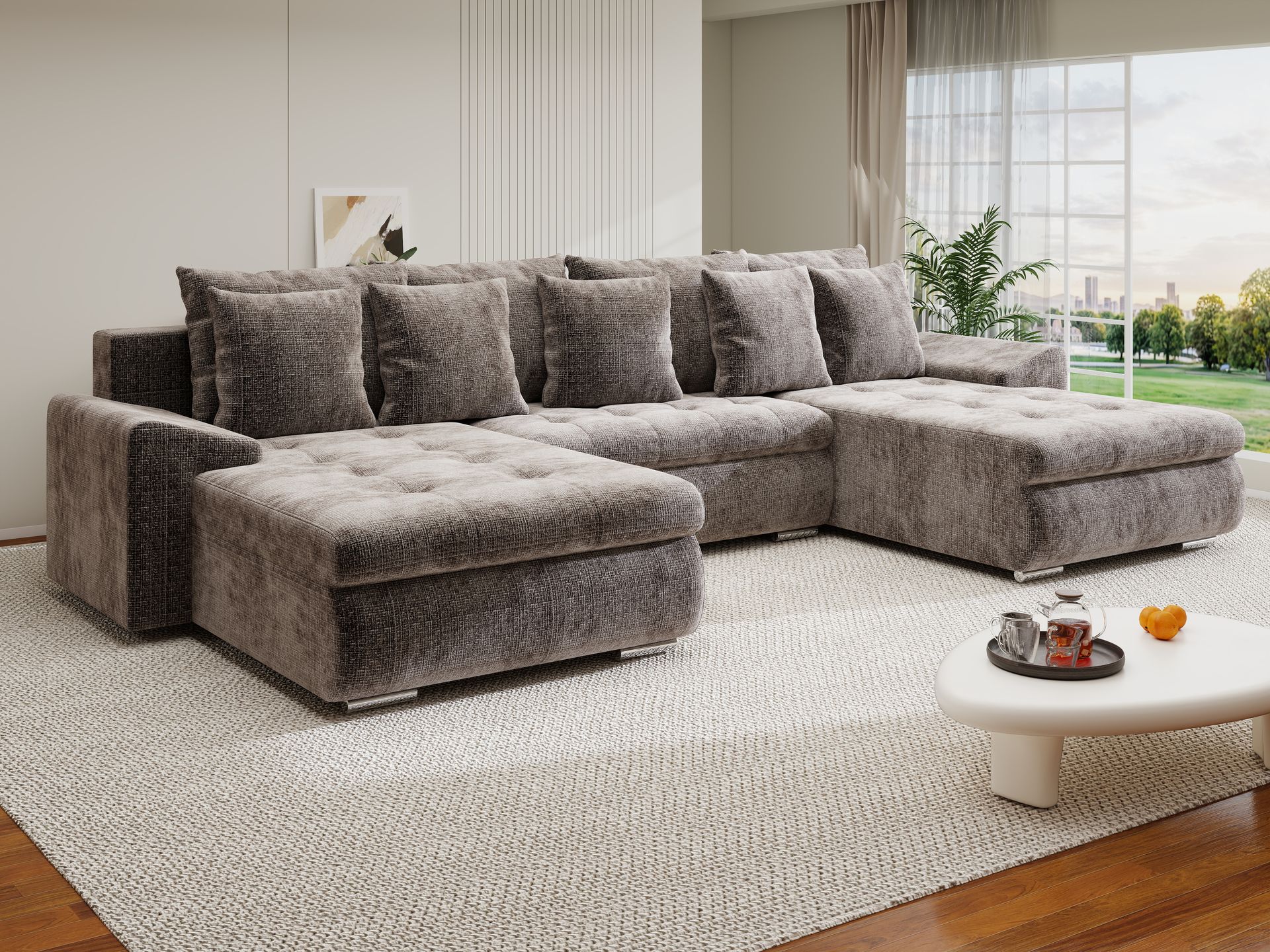 Colțar extensibil dumonde cu ladă de depozitare si sezut confortabil din spuma high-density, Leonardo U Cremona Maro-Bej 24 360x185 cm
