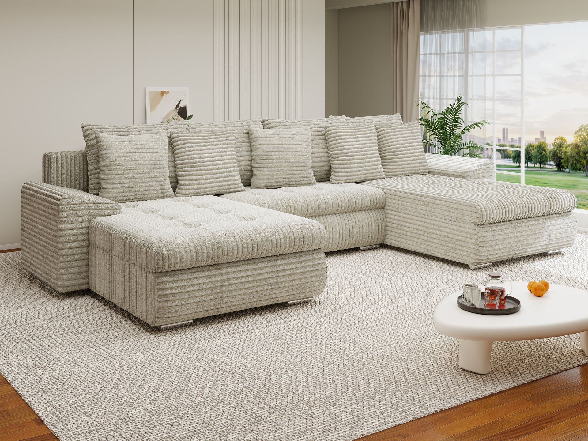 Colțar extensibil dumonde cu ladă de depozitare si sezut confortabil din spuma high-density, Leonardo U Tilia Bej 08 360x185 cm