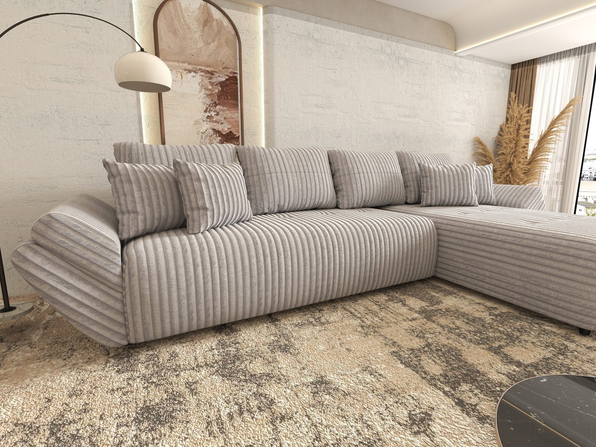Colțar extensibil dumonde cu ladă de depozitare si sezut confortabil din spuma high-density, Berlin XL Tilia Gri 86 II 350x185 cm