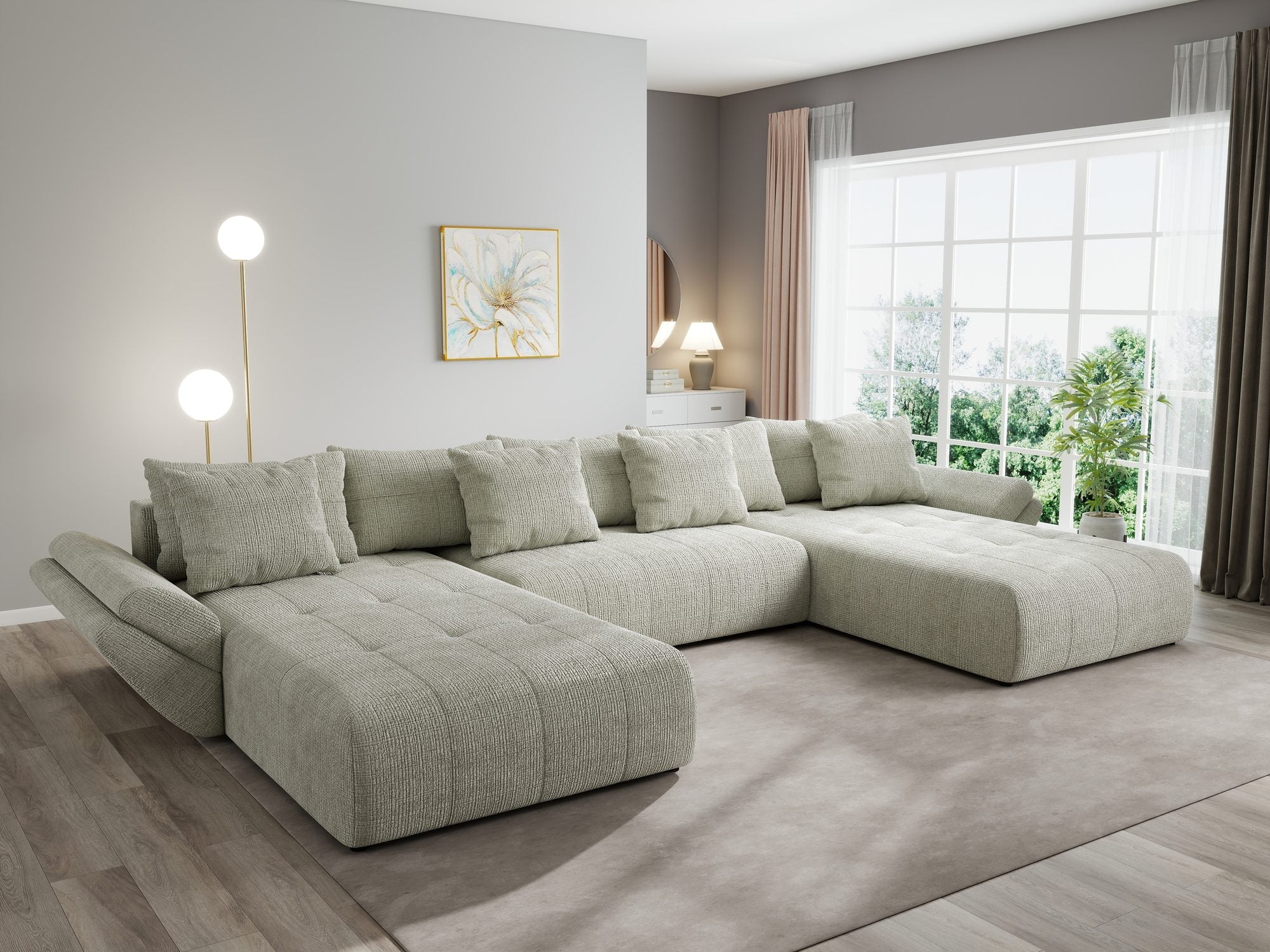 Colțar extensibil dumonde cu ladă de depozitare si sezut confortabil din spuma high-density, Berlin U Cremona Bej 04 380x180 cm