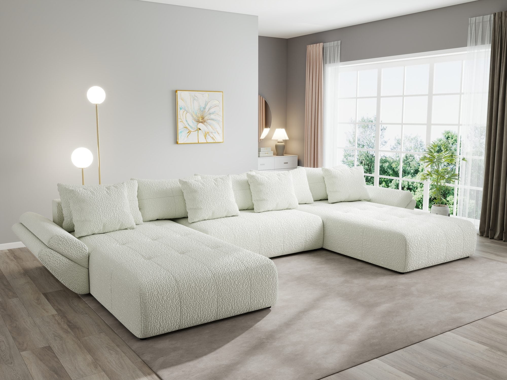 Colțar extensibil dumonde cu ladă de depozitare si sezut confortabil din spuma high-density, Berlin U Jaguar Ivory 1 380x180 cm