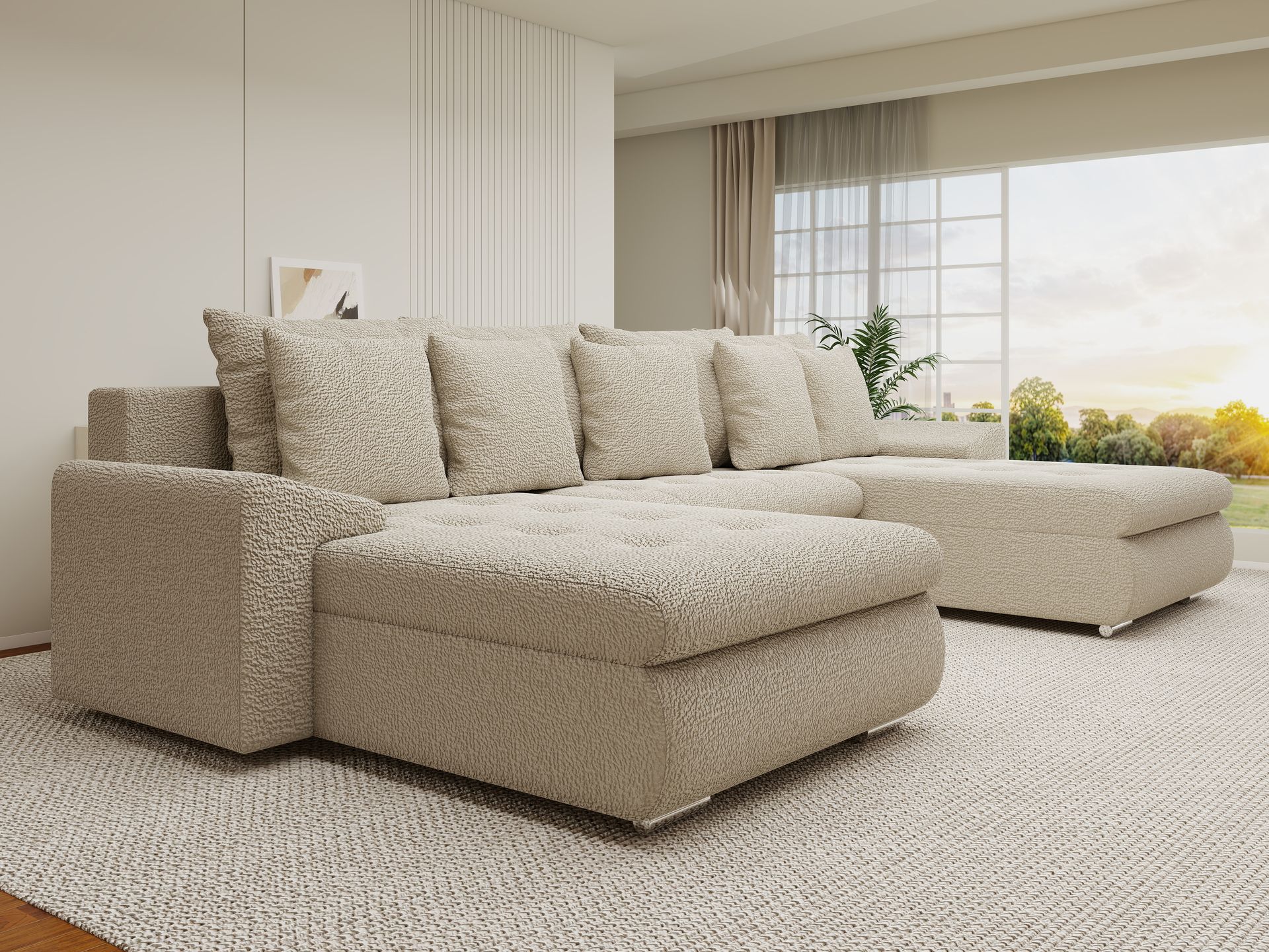 Colțar extensibil dumonde cu ladă de depozitare si sezut confortabil din spuma high-density, Leonardo U Jaguar Bej 04 360x185 cm