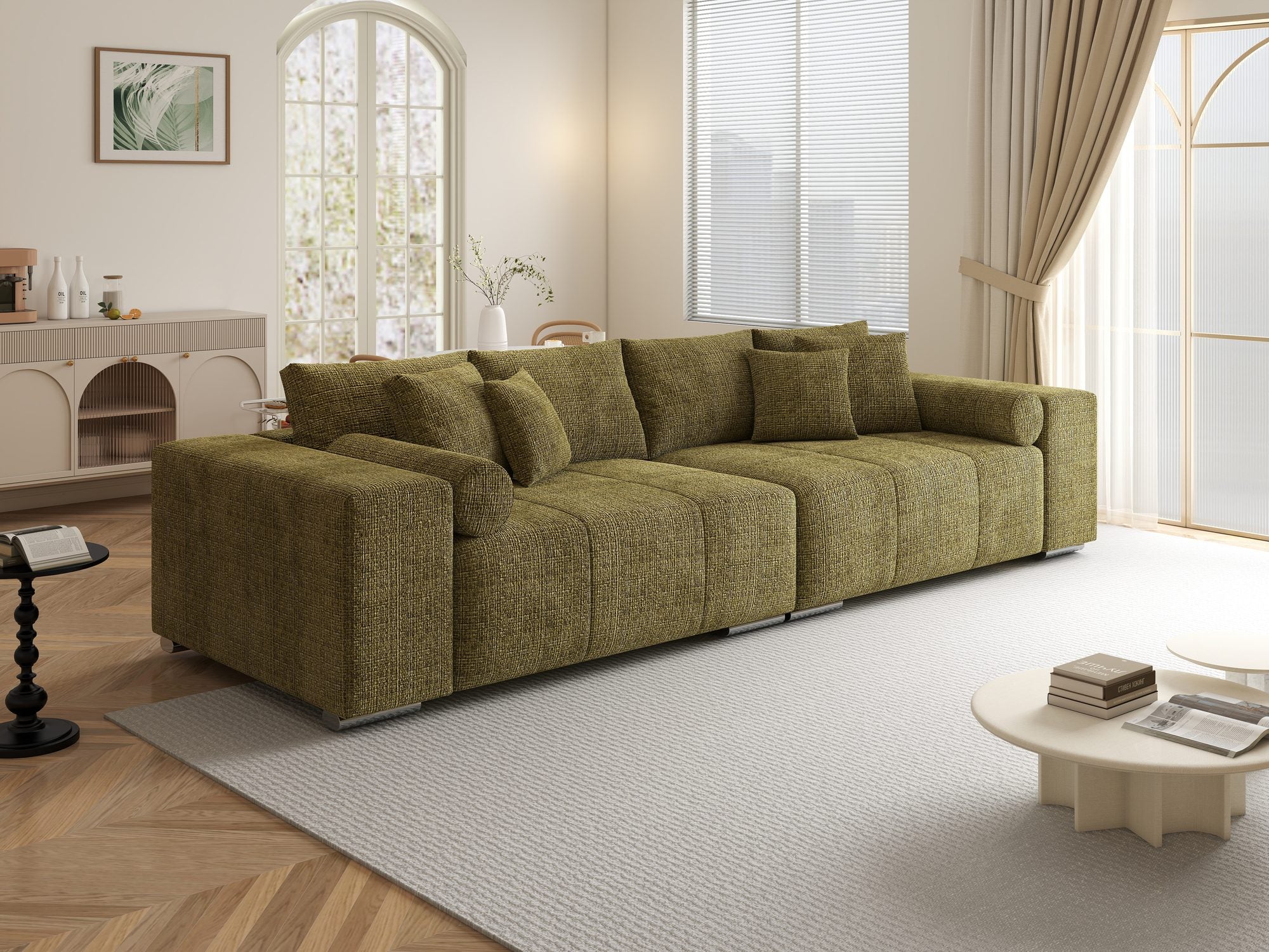 Canapea extensibilă dumonde cu ladă de depozitare si sezut confortabil din spuma high-density, Marbela XXL Cremona Olive 38 290x100 cm
