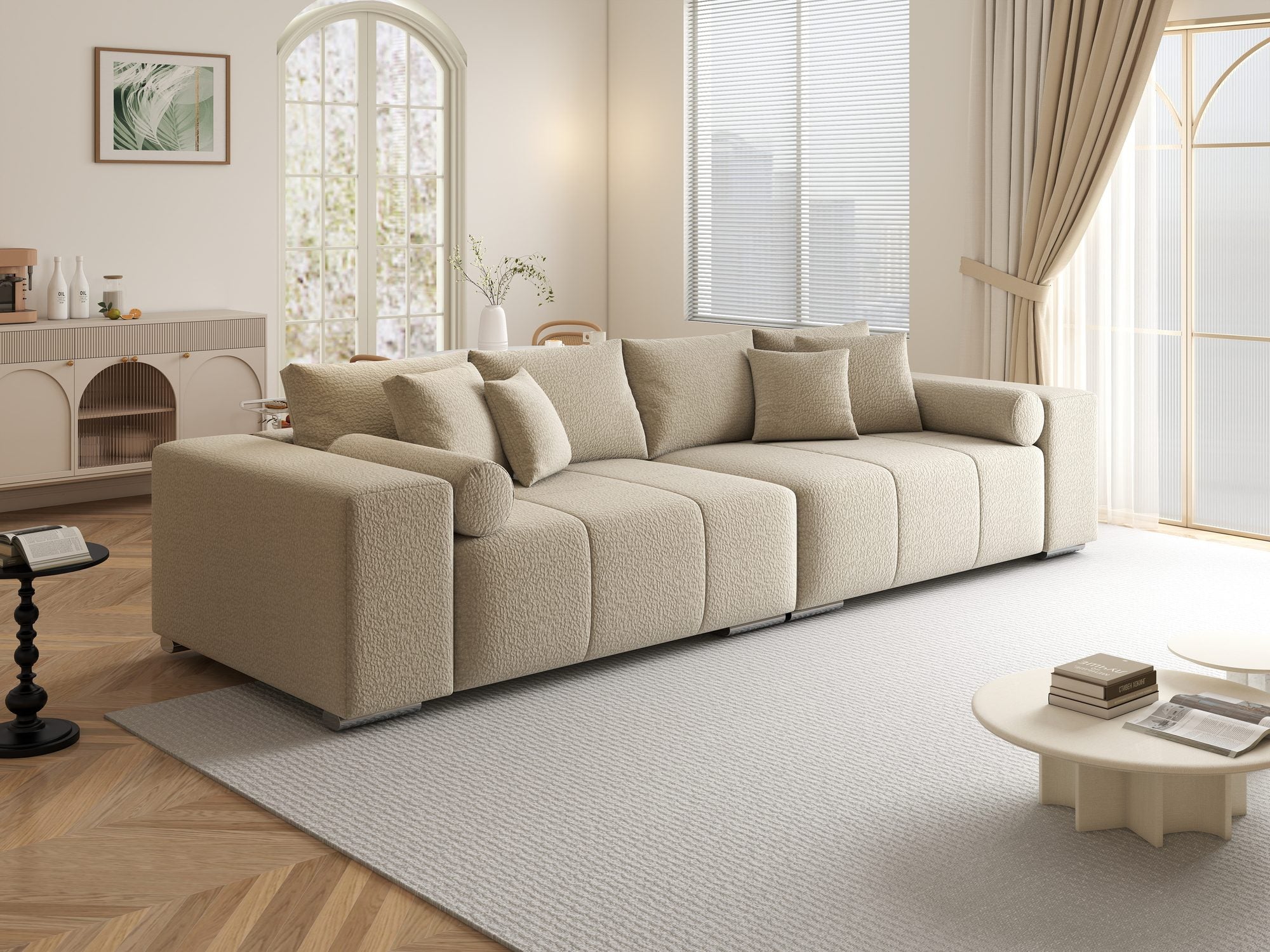 Canapea extensibilă dumonde cu ladă de depozitare si sezut confortabil din spuma high-density, Marbela XXL Jaguar Bej 4 290x100 cm