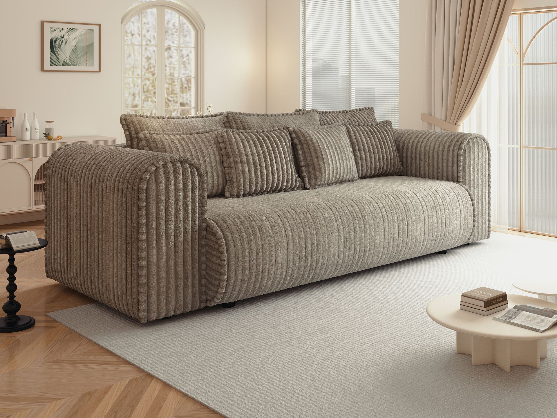 Canapea extensibilă dumonde cu ladă de depozitare si sezut confortabil din spuma high-density, Monaco Mica Tilia Capucino 240x100 cm